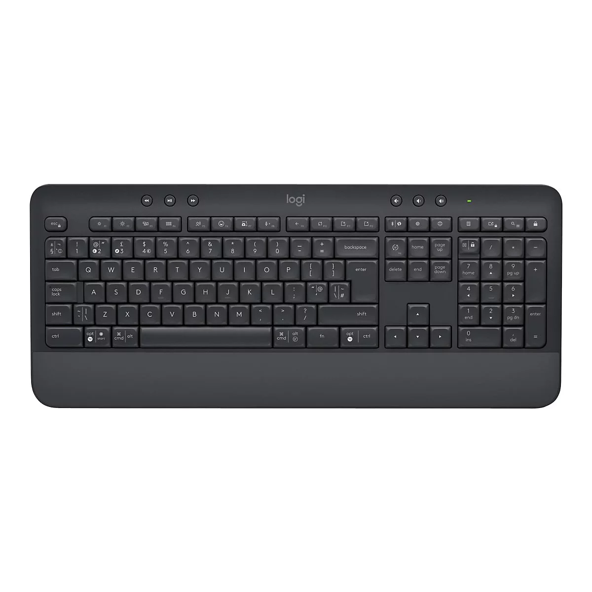 Dunkelgraue Tastatur mit Tasten, oben Logo von logi.