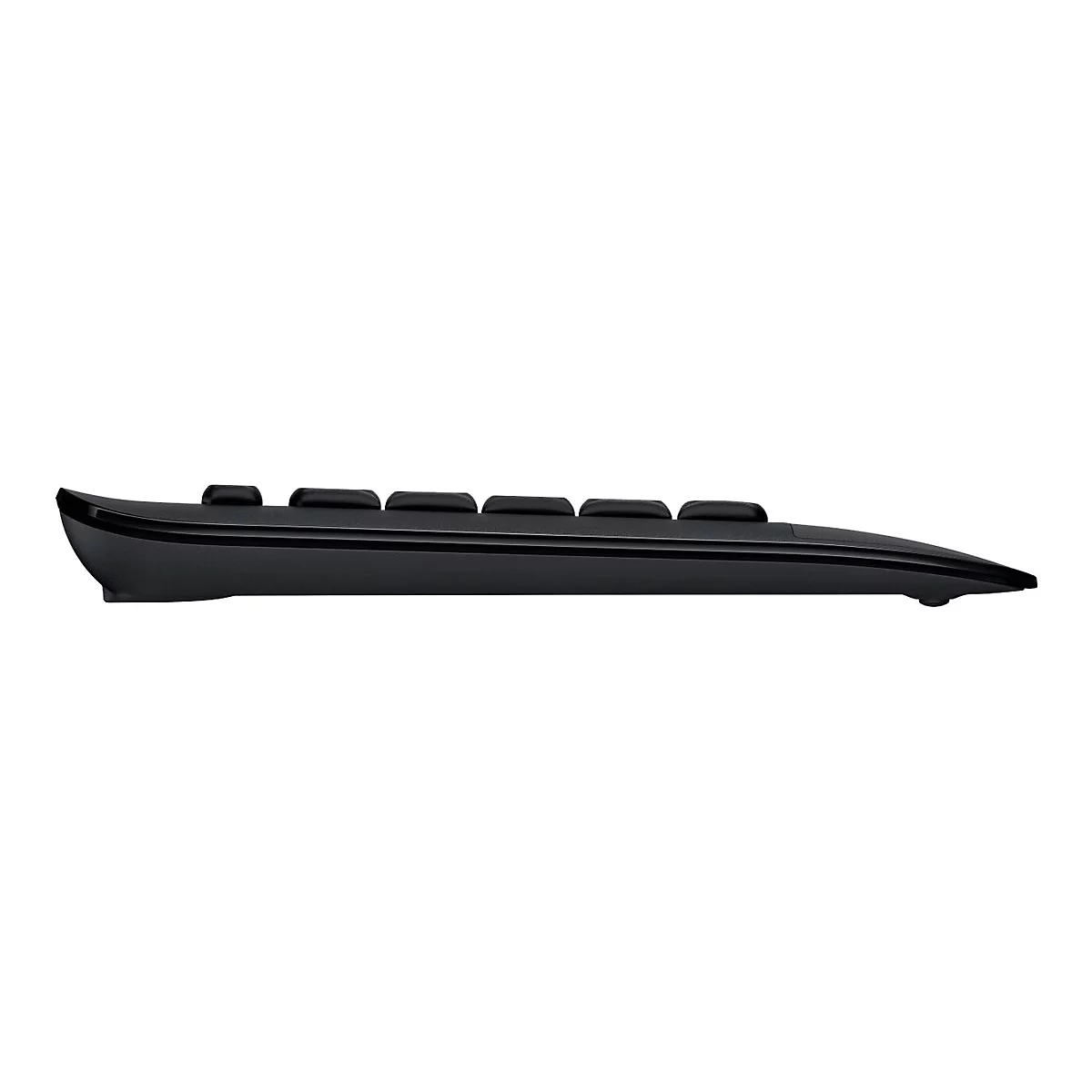 Schwarzes, flaches Keyboard von der Seite, mit erhöhten Tasten.