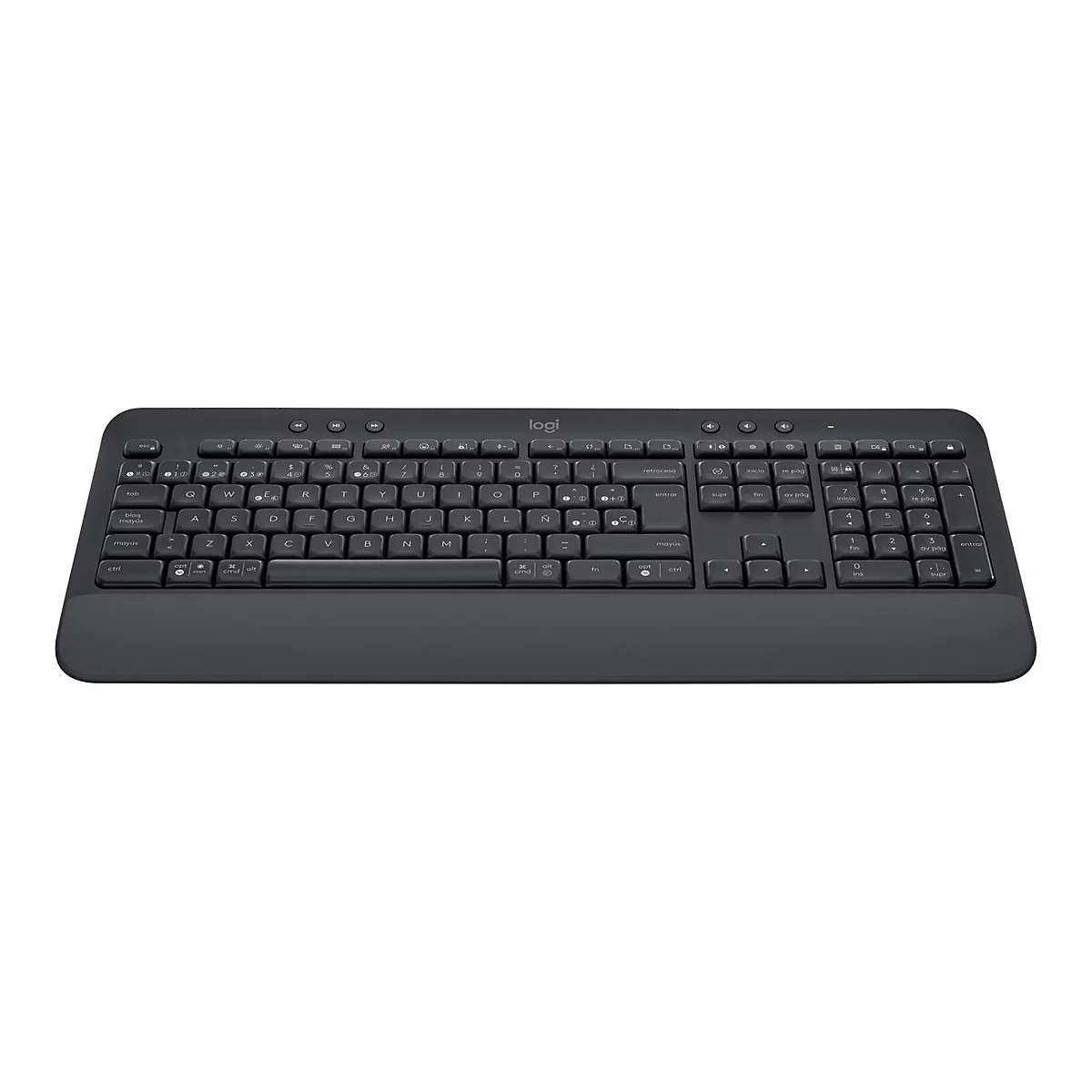 Dunkelgraue Logitech-Tastatur mit Standardlayout. Das Logo ist oben rechts platziert.