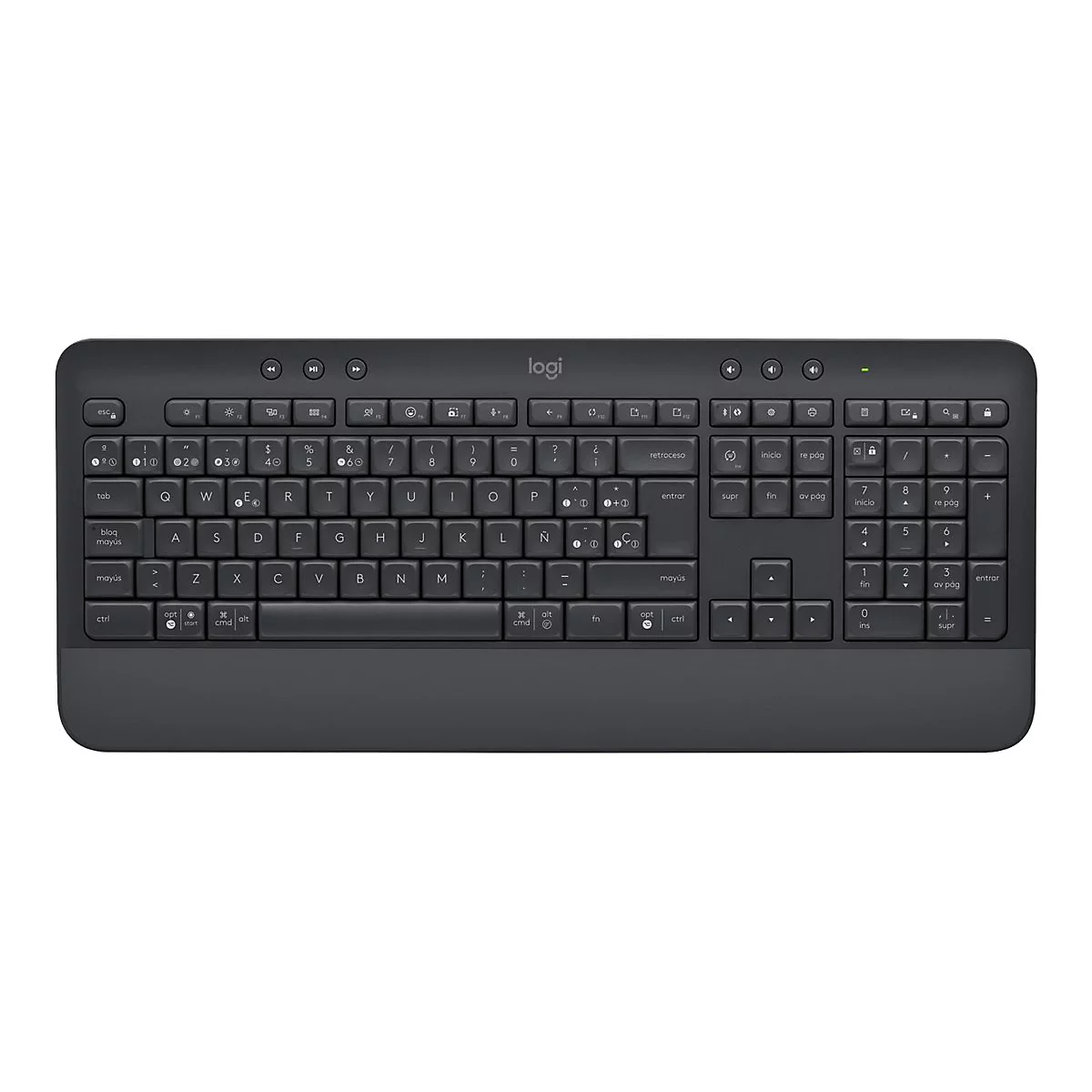 Dunkelgraue Logitech-Tastatur, draufsicht. Tastenbeschriftung in Weiß, zusätzlich Funktionstasten.