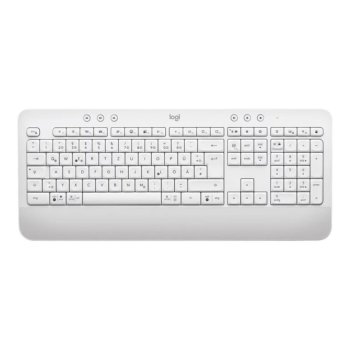 Weisse Tastatur mit Tasten und Logo. Die Tastatur ist flach und hat eine rechteckige Form.