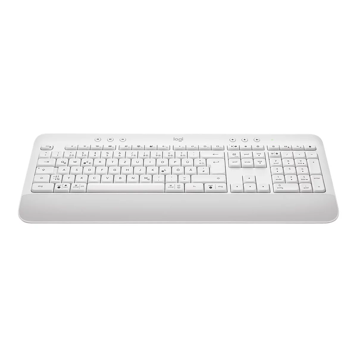 Weisse Tastatur, GroÃŸaufnahme. Tasten, Nummernblock und Handauflage sind zu sehen.