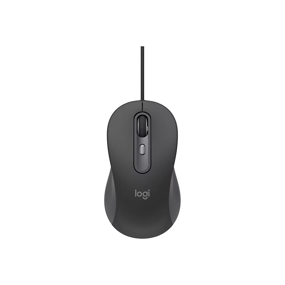 Drahtlose, dunkelgraue Maus, Marke Logitech, mit Scrollrad und Logo auf weißem Hintergrund.