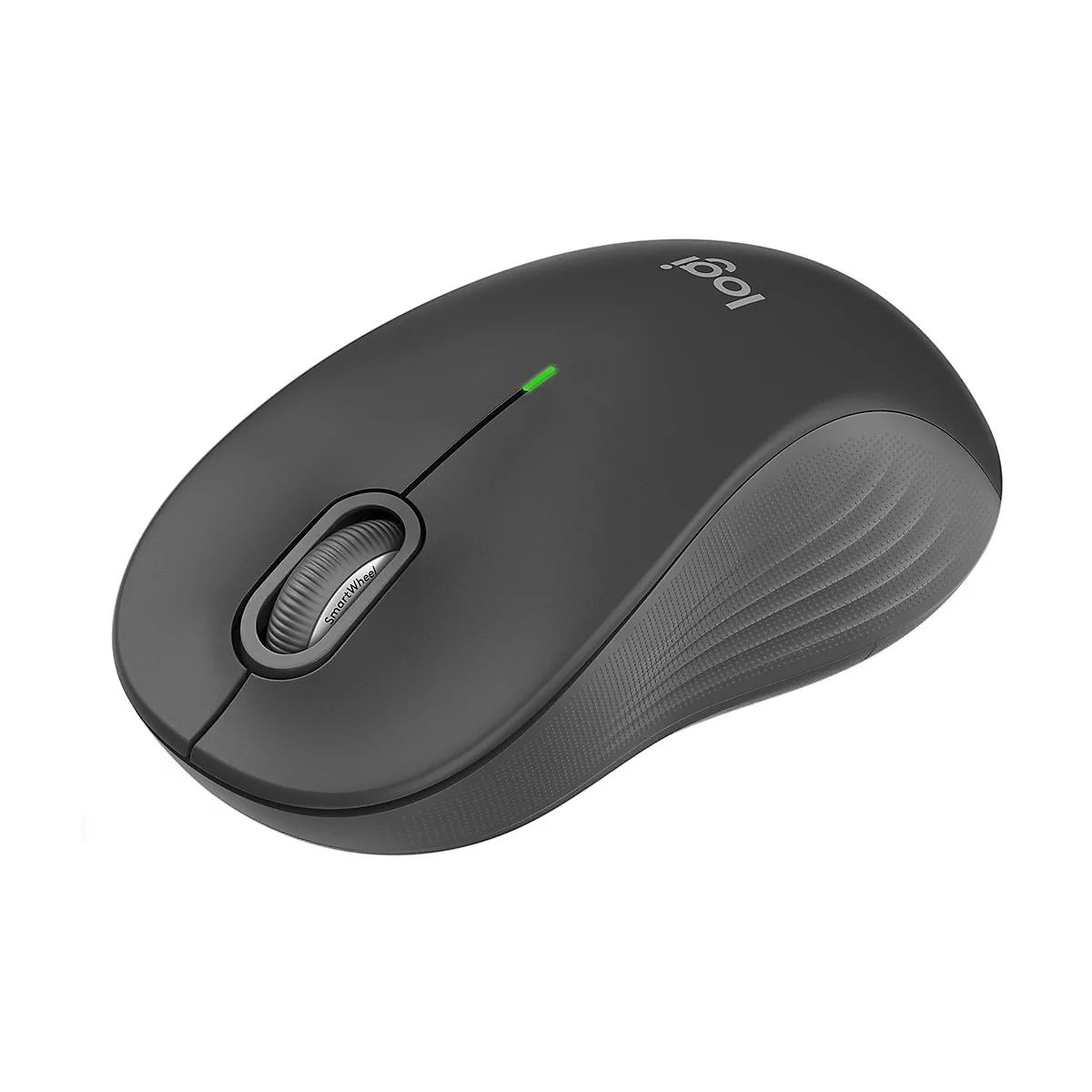 Dunkelgraue Logitech Funkmaus mit SmartWheel-Scrollrad und grüner Status-LED vor weißem Hintergrund.