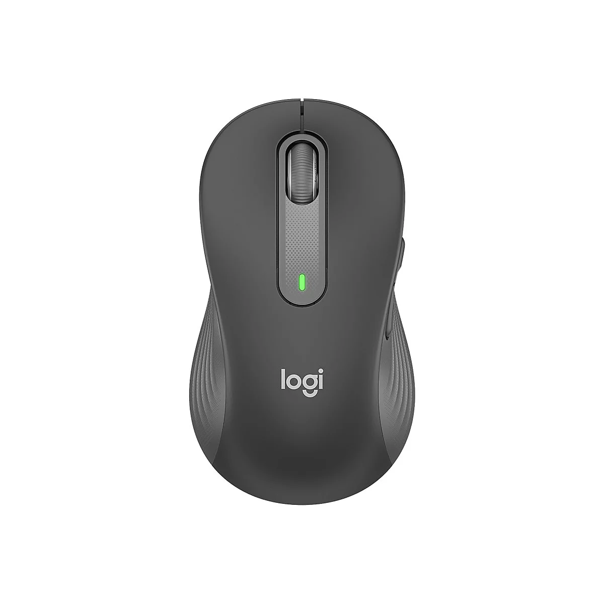 Drahtlose Maus, dunkelgrau, mit Logo. Die Maus hat ein Scrollrad, eine grÃ¼ne Kontrollleuchte und eine ergonomische Form.