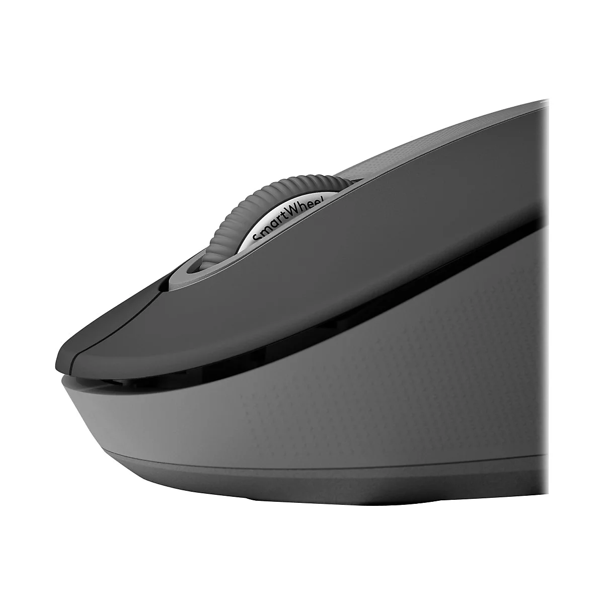 Nahaufnahme einer grauen Computermaus mit SmartWheel. Das Scrollrad hat die Aufschrift SmartWheel.