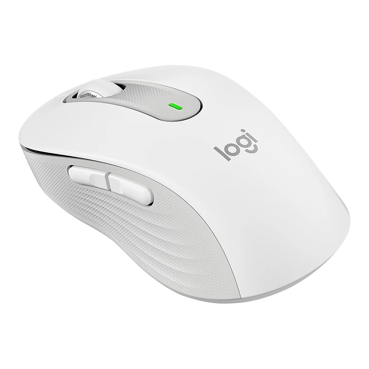 WeiÃŸe Computermaus von Logitech mit grauen Akzenten. Ein grÃ¼nes Licht leuchtet.