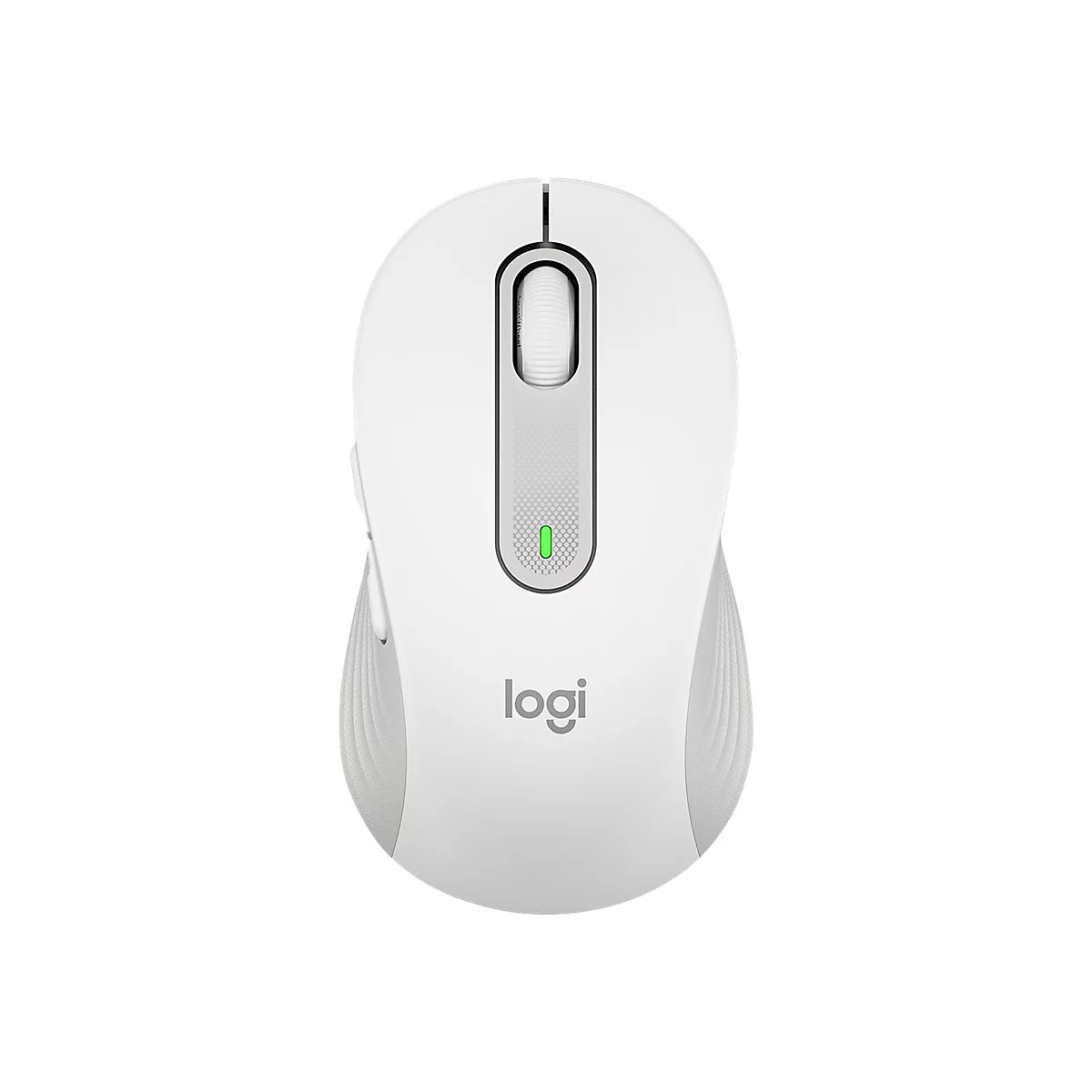 Draufsicht auf eine weiße Logitech-Maus mit grauem Scrollrad und Logo.