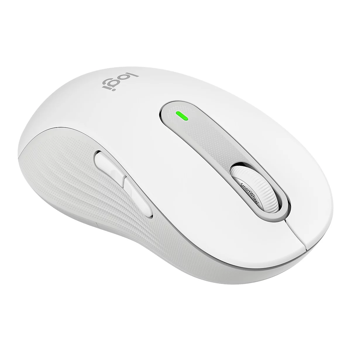 Drahtlose weiße Logitech-Maus mit grauem Akzent und SmartWheel.