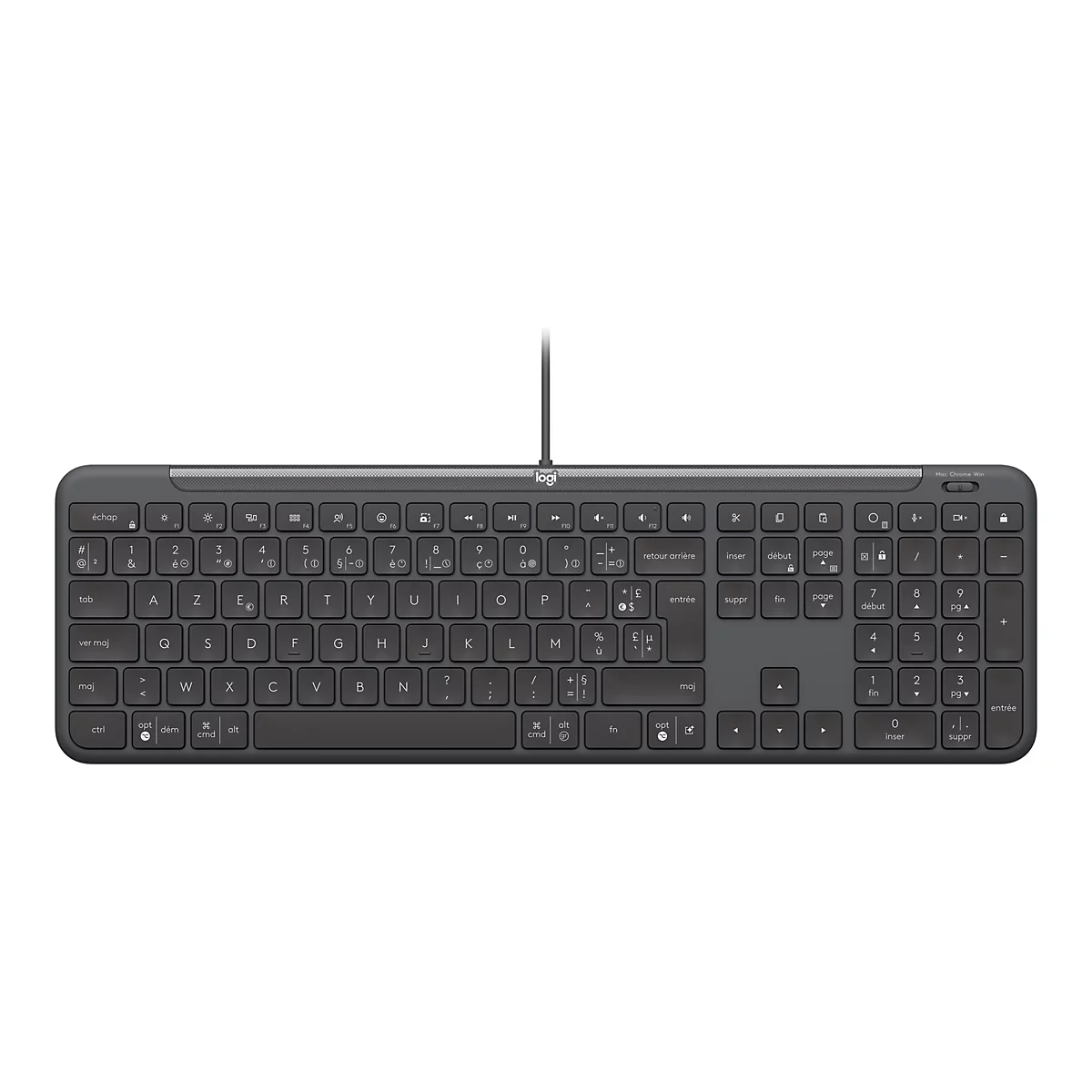 Draufsicht auf eine graue Logitech-Tastatur mit Kabel. Die Tastatur hat ein klassisches Layout mit Buchstaben, Zahlen und Funktionstasten. Der Hintergrund ist weiß.