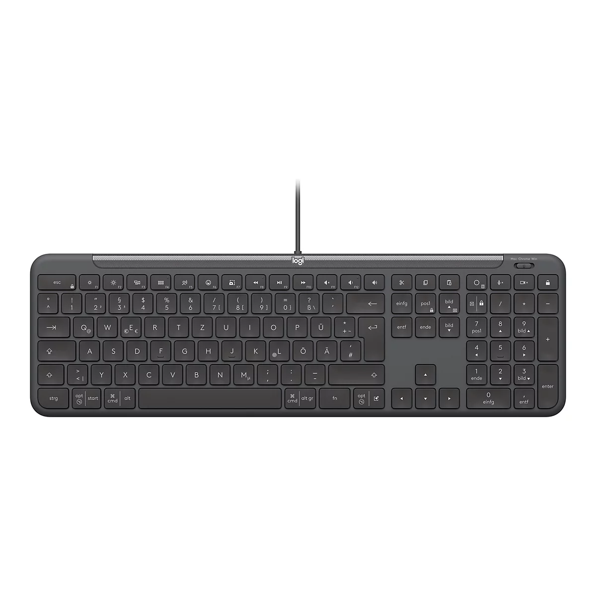Draufsicht auf eine graue Logitech-Tastatur für Mac. Mit schwarzen Tasten und weißen Beschriftungen. Das Kabel ist schwarz.