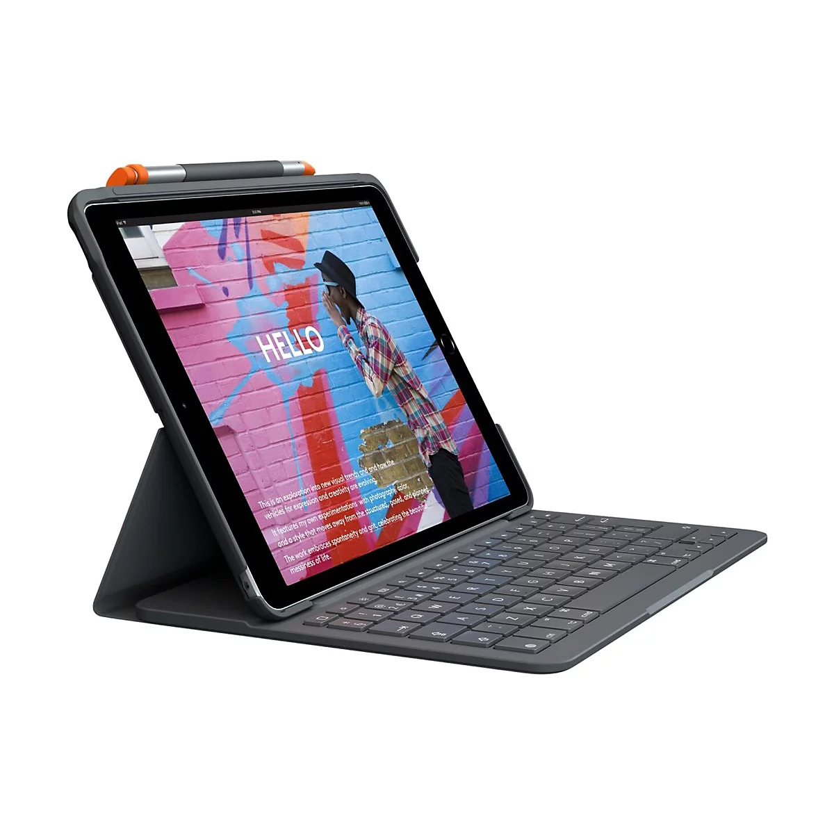 Ein graues Tablet mit Tastatur, auf dem ein Bild mit dem Wort "Hallo" zu sehen ist.