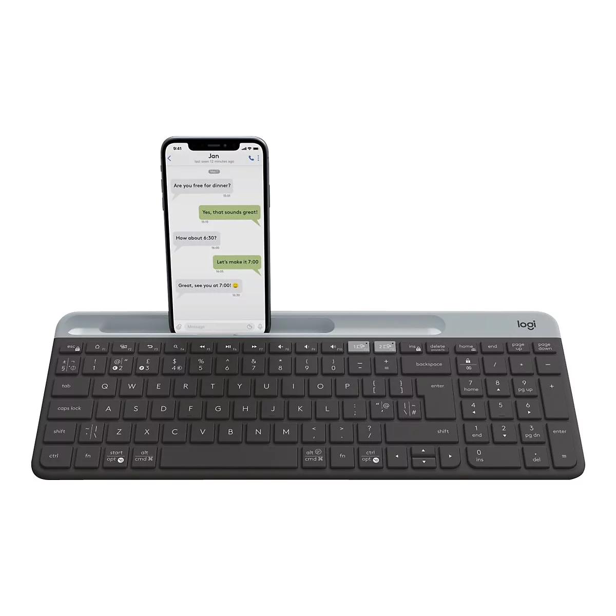 Logitech Slim Multi-Device K580 - Tastatur - kabellos - Bluetooth, 2.4 GHz - Pan-Nordic - Graphite