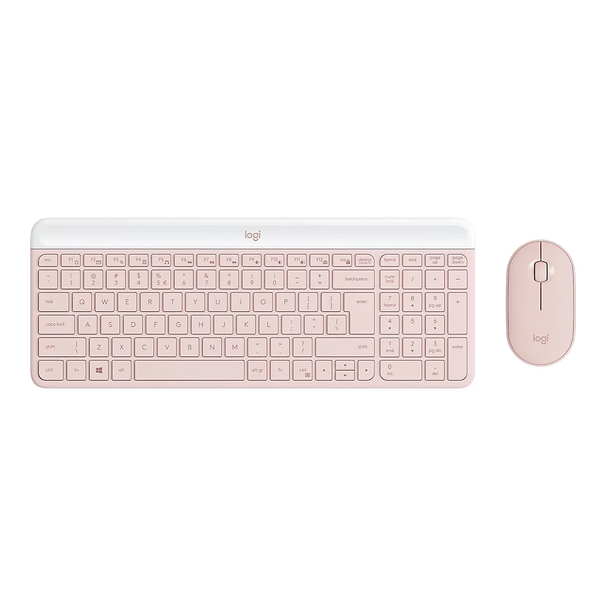 Drahtlose Tastatur und Maus in Rosa vor weißem Hintergrund. Logo 'logi'.