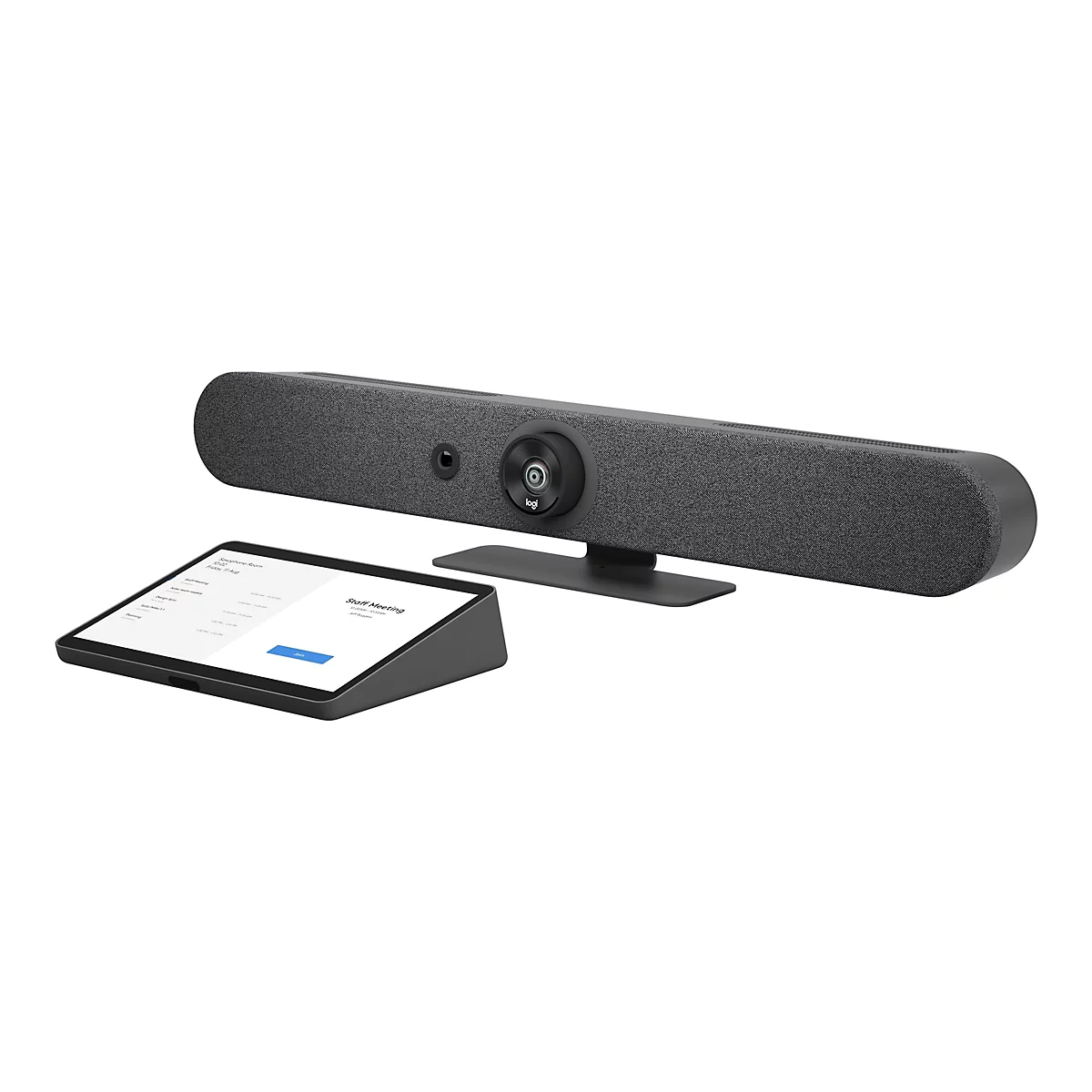 Ein schwarzes Videokonferenzsystem mit einer Kamera, einem Lautsprecher und einem Touchscreen-Tablett. Auf dem Tablet wird ein Meeting-Zeitplan angezeigt.