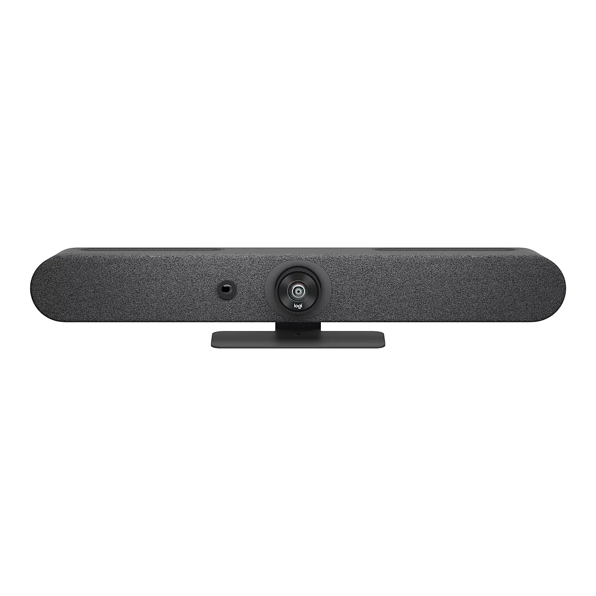 Grauer Videokonferenzbalken mit Kamera, Mikrofon und Ständer auf weißem Hintergrund. Logo von Logitech.