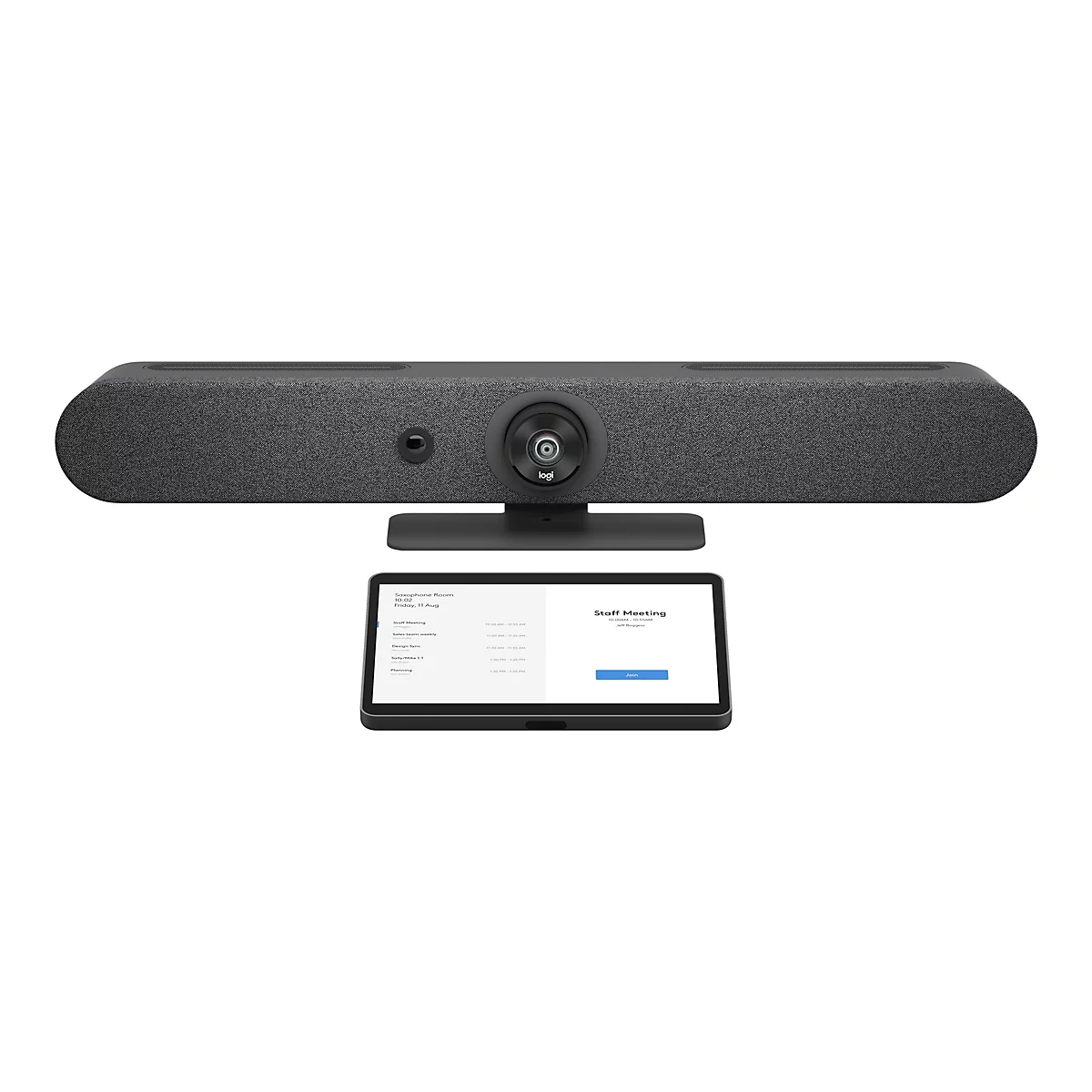 Videokonferenzgerät auf einem Ständer, mit einem Tablet, das einen Meetingkalender zeigt. Auf dem Tablet ist der Text "Staff Meeting" und "Join" zu sehen.