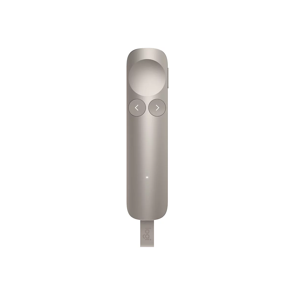 Beiger Logitech Präsentations-Controller mit zwei runden Tasten und einer LED-Anzeige vor weißem Hintergrund.