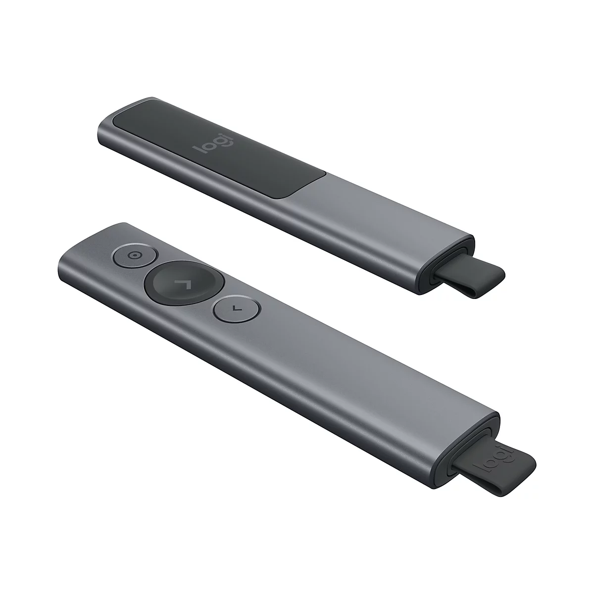 Zwei graue Logitech Präsentations-Fernbedienungen auf weißem Hintergrund. Eine zeigt Knöpfe, die andere den Logo-Schieber.