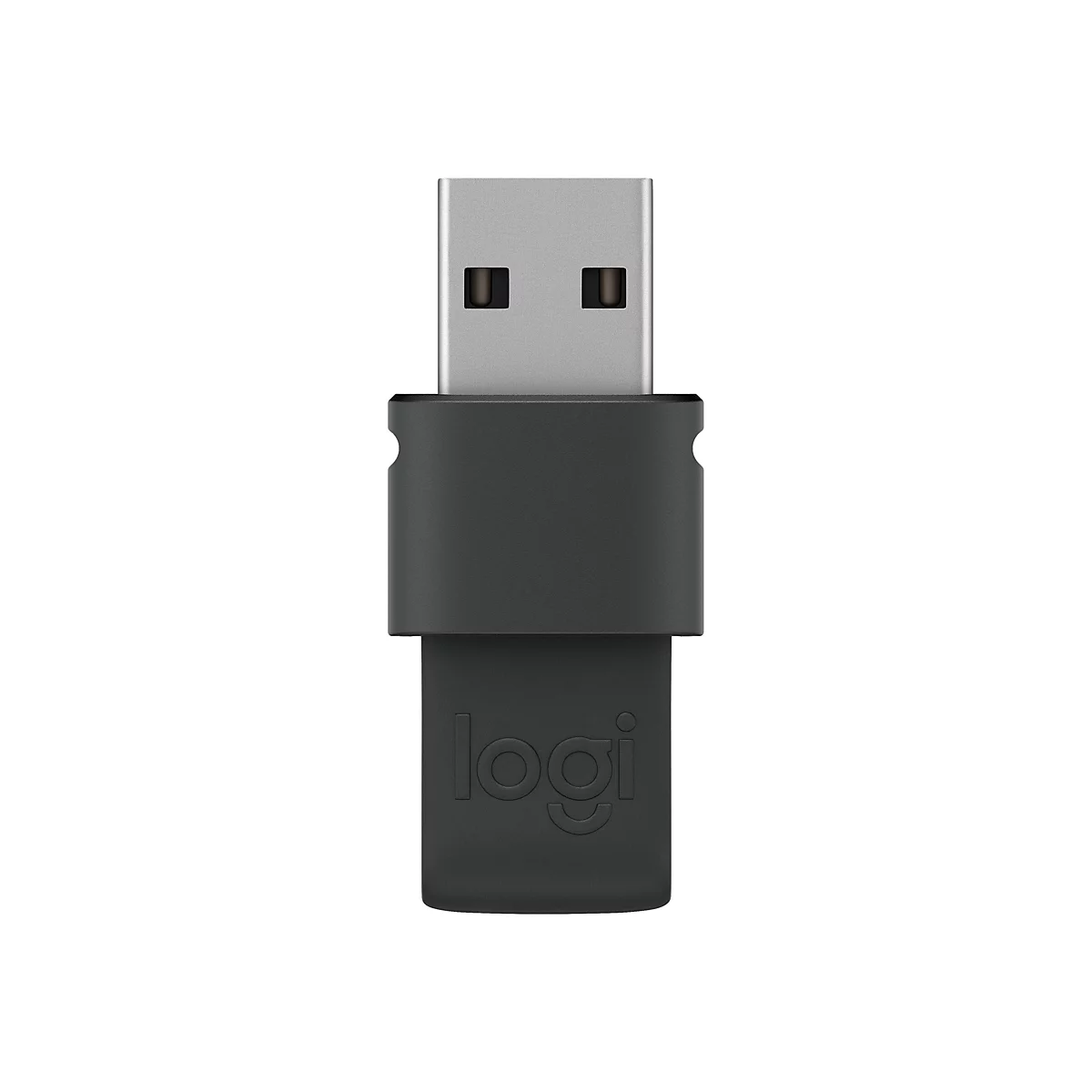 Ein schwarzer USB-Empfänger der Marke Logi, mit silbernem USB-Stecker.