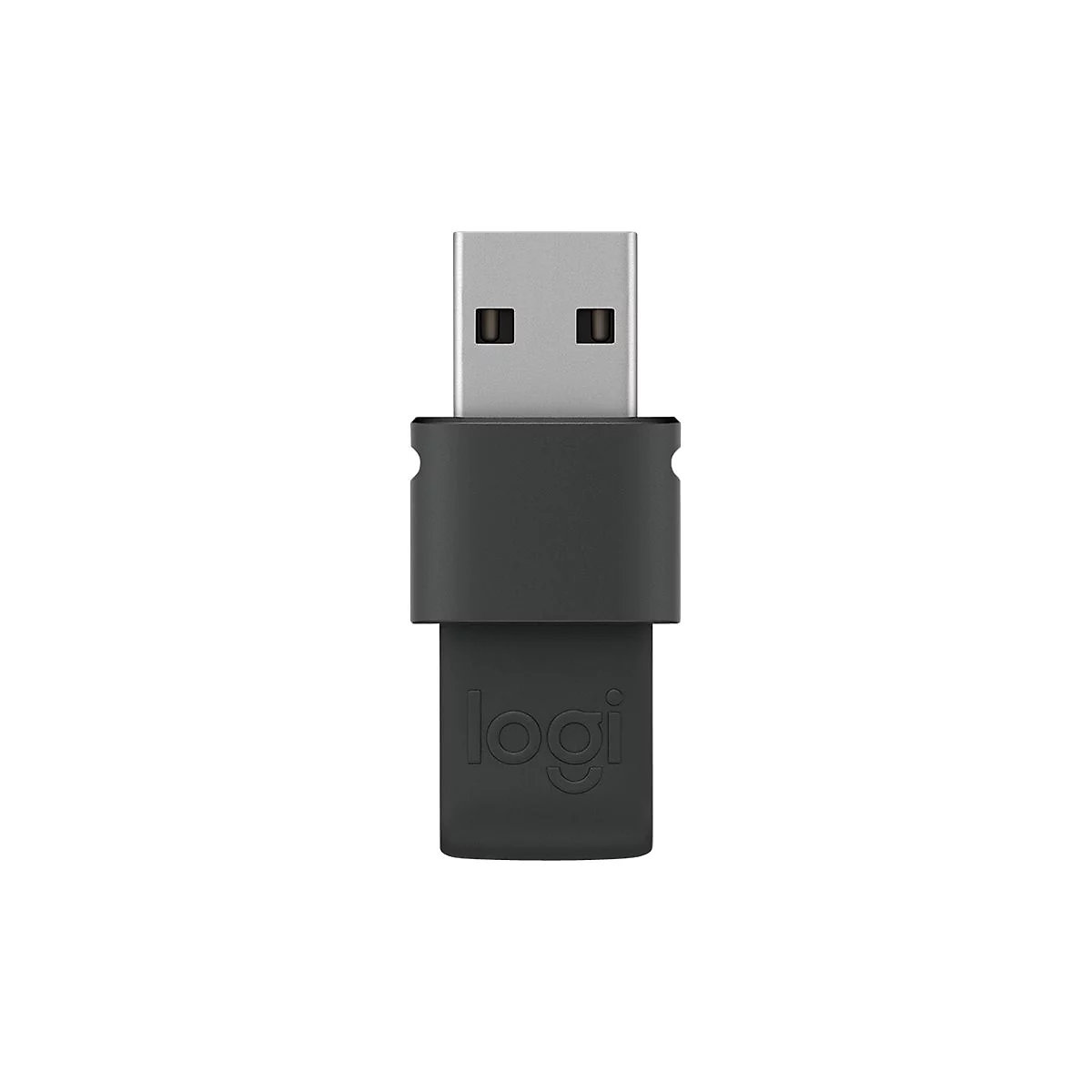 RÃ©cepteur USB gris foncÃ©. Fiche USB argentÃ©e. Le rÃ©cepteur indique logi.