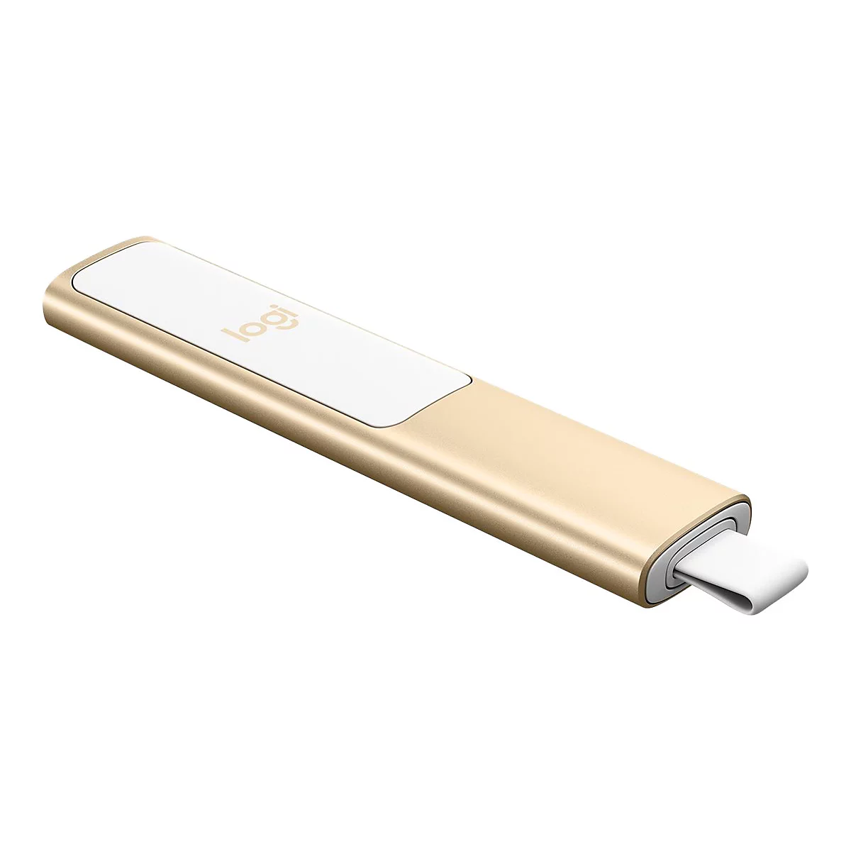 Goldfarbener USB-Stick mit weißem Logo und weißem Anschluss. Das Logo zeigt 'logi'.