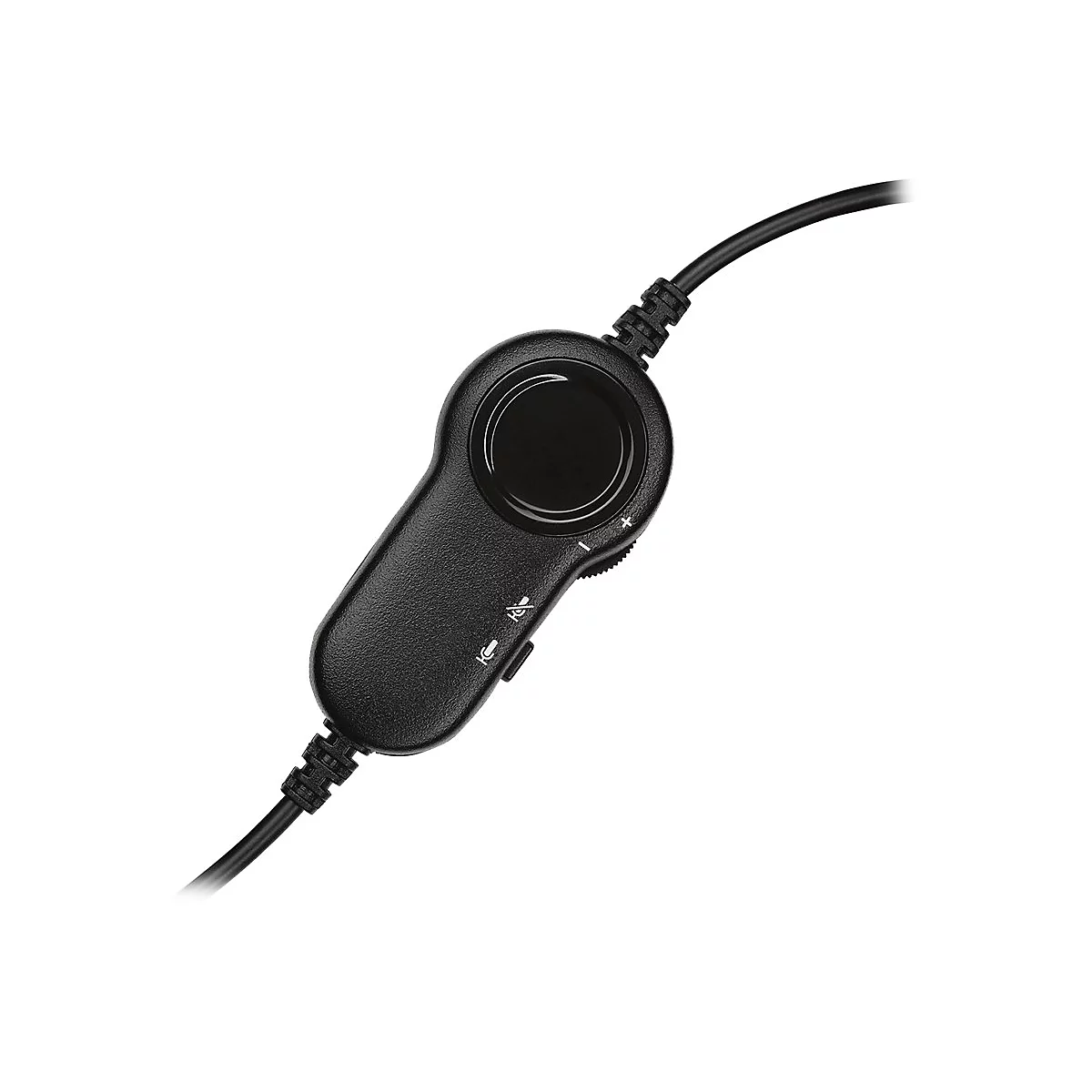 Nahaufnahme eines schwarzen Headset-Bedienteils mit Mikrofon-Stummschaltung und Lautstärkereglern. Ein Kabel führt nach oben.