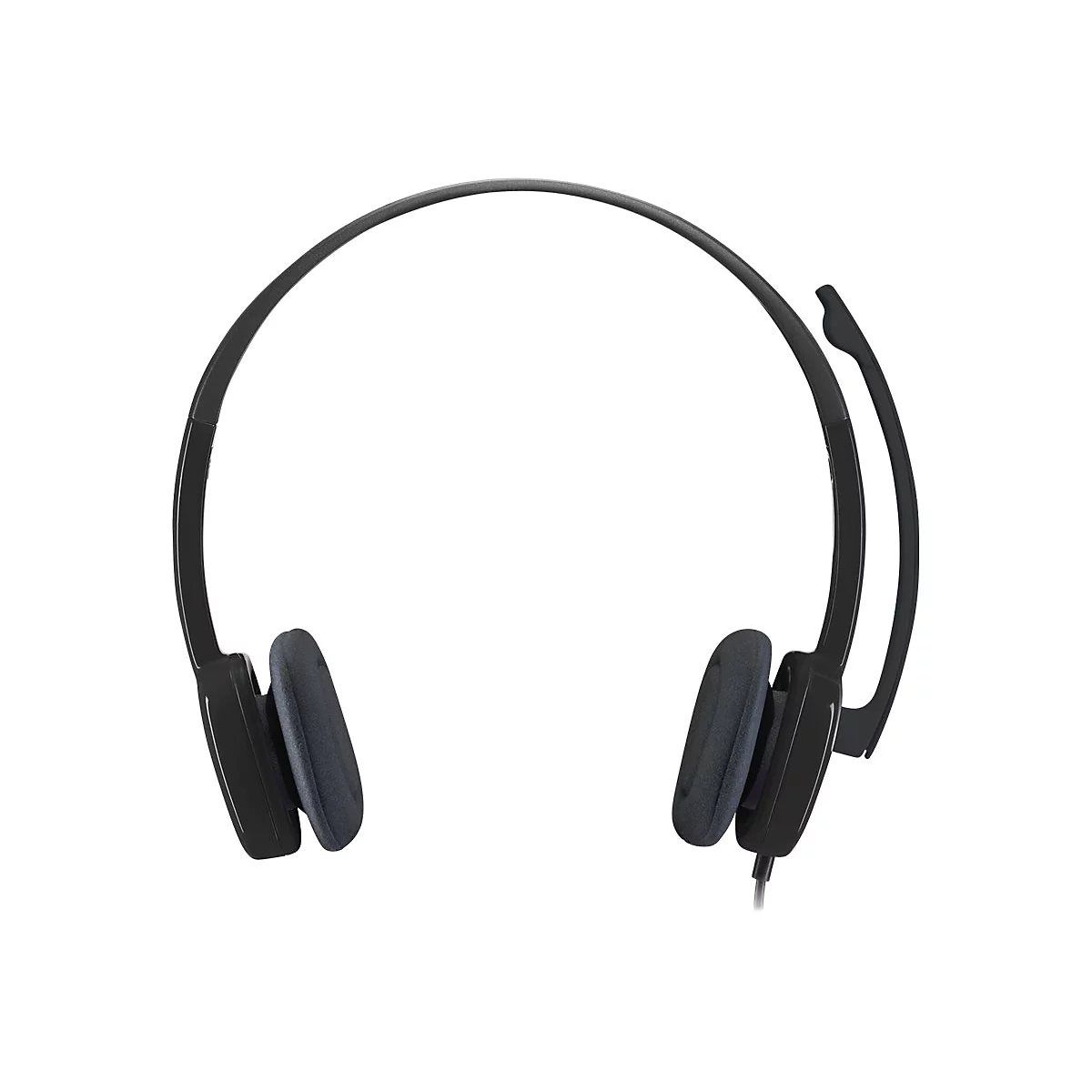 Schwarzes Headset mit Ohrmuscheln und Mikrofon, vor weißem Hintergrund.