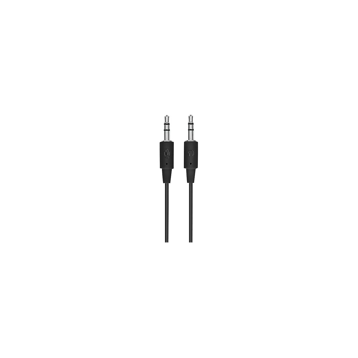 Zwei schwarze 3,5 mm Klinkenkabel nebeneinander. Eines hat ein Mikrofonsymbol, das andere ein Kopfhörersymbol.