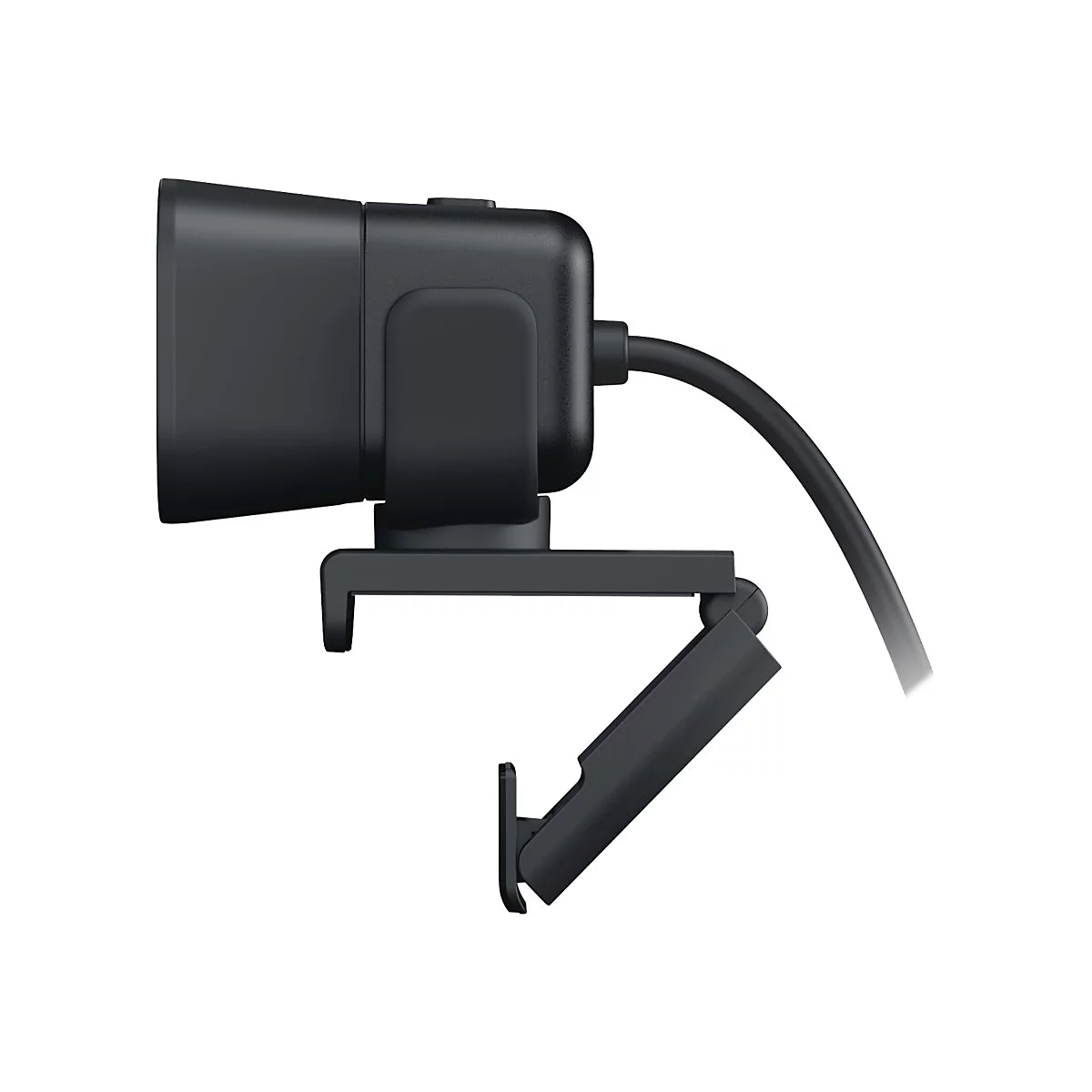 Schwarze Webcam, Detailaufnahme. Ein Objektiv zeigt nach links, das Kabel verläuft nach rechts. Die Halterung ist sichtbar.