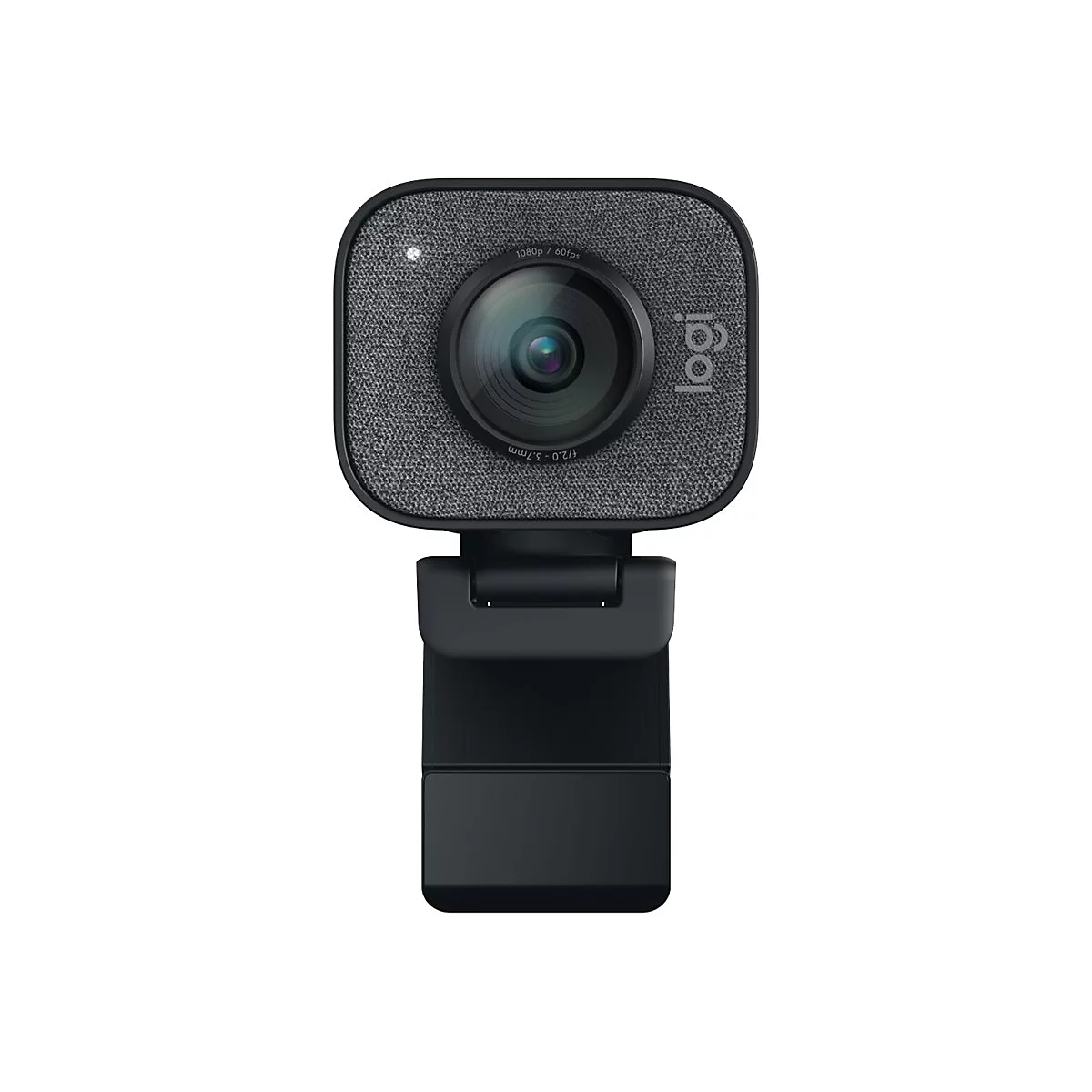 Eine schwarze Logitech Webcam vor weißem Hintergrund. Mit Objektiv, Stoffoberfläche und Logo.