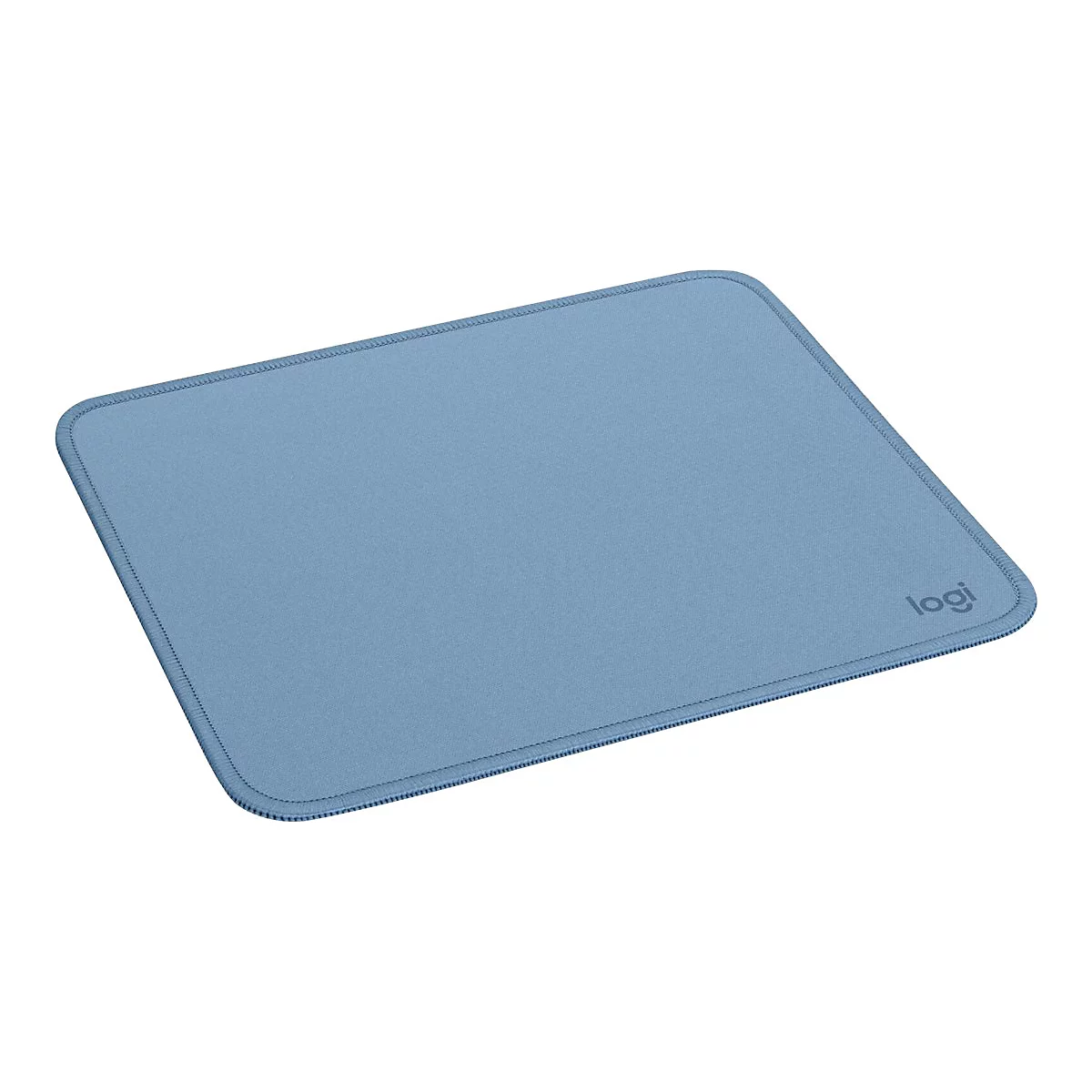 Blaues rechteckiges Mousepad mit genähten Rändern und Logi-Logo.