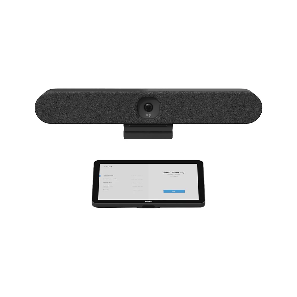 Logitech Videokonferenz-System mit grauer Kamera-Soundbar und schwarzem Touch-Controller vor weißem Hintergrund.