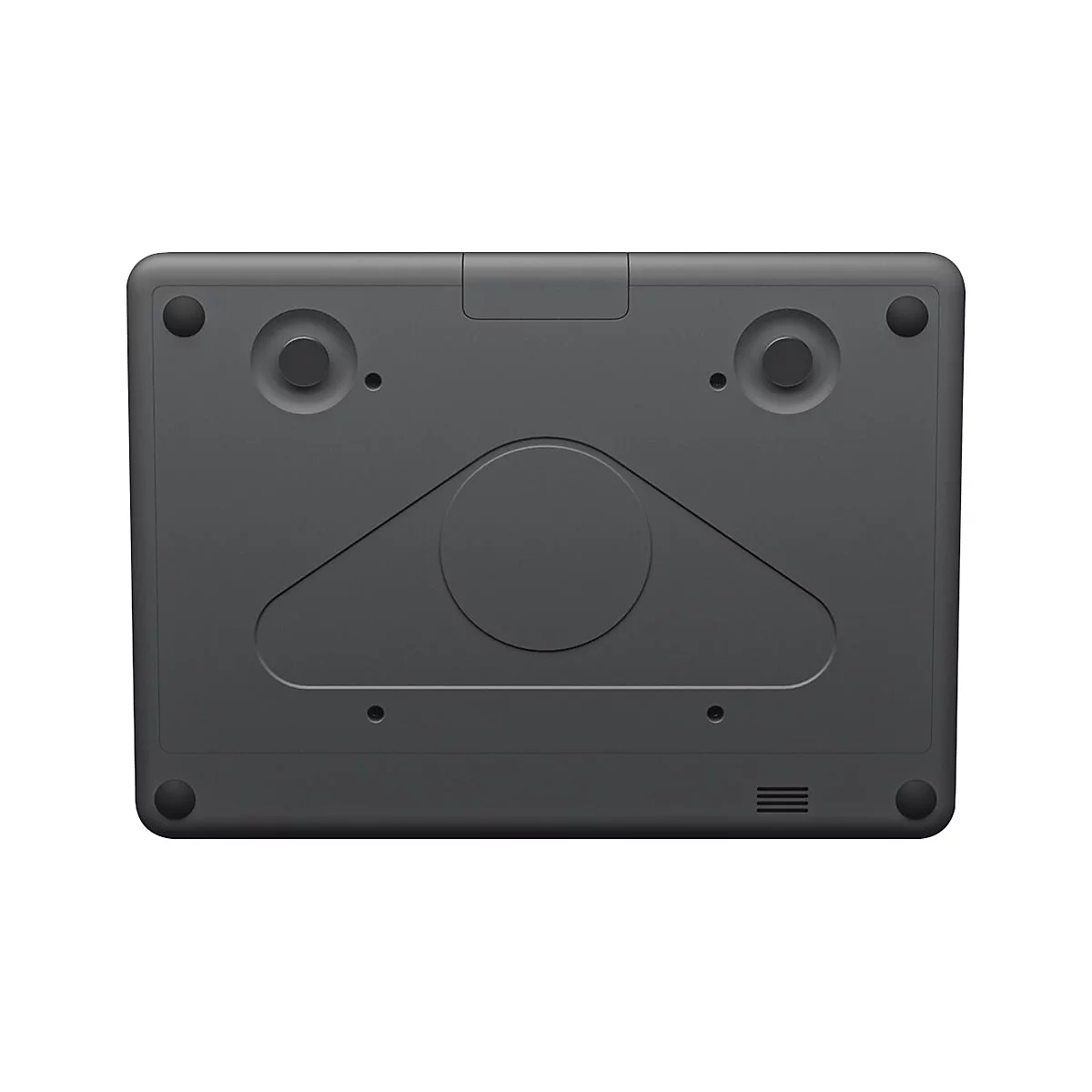 Dunkelgraue Laptop-Unterseite. Runde Füße, Lüftungsschlitze, erhöhte runde Elemente.