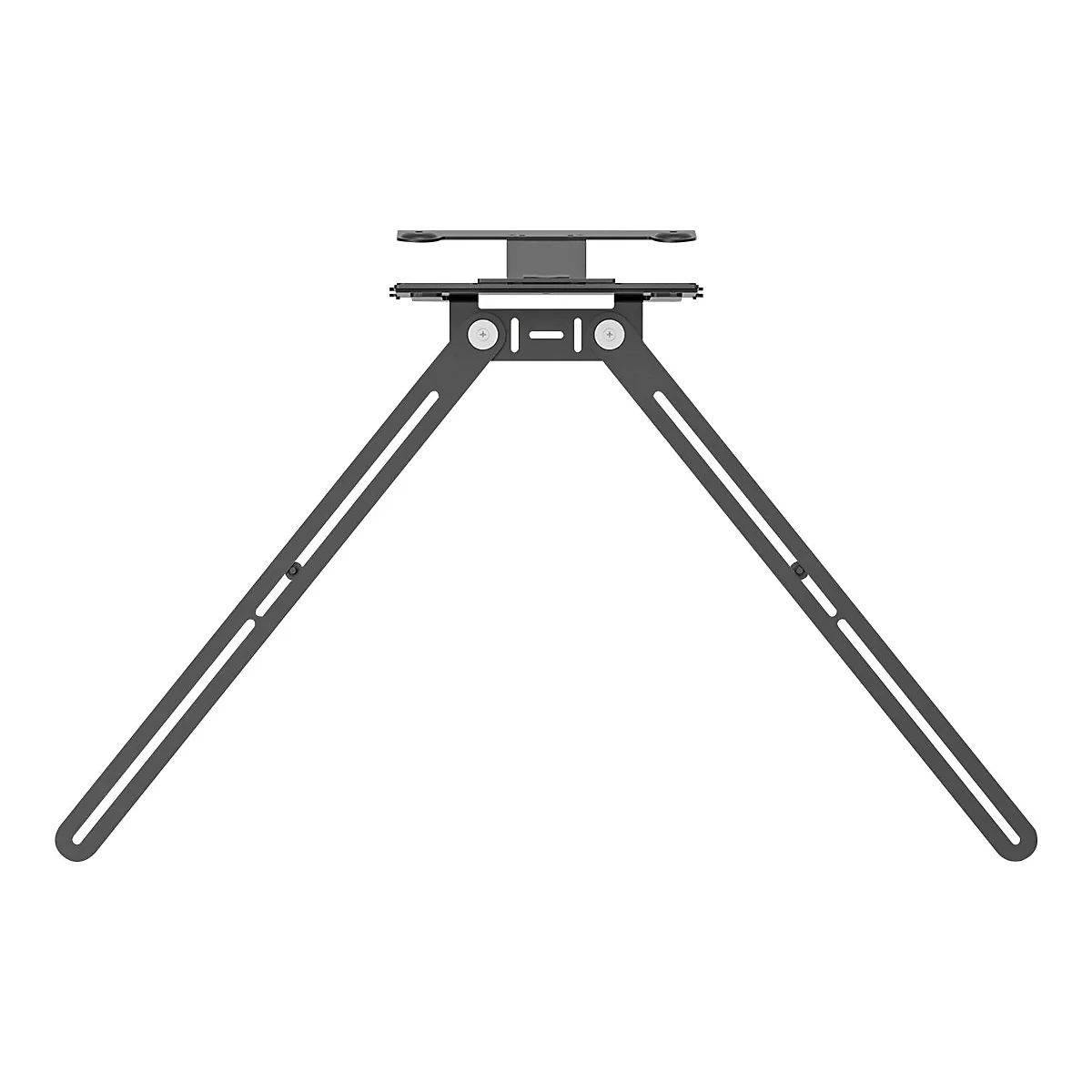 Schwarze Metallhalterung, zwei abgewinkelte Stangen, die an einer oberen Plattform befestigt sind, mit Schrauben und Löchern.