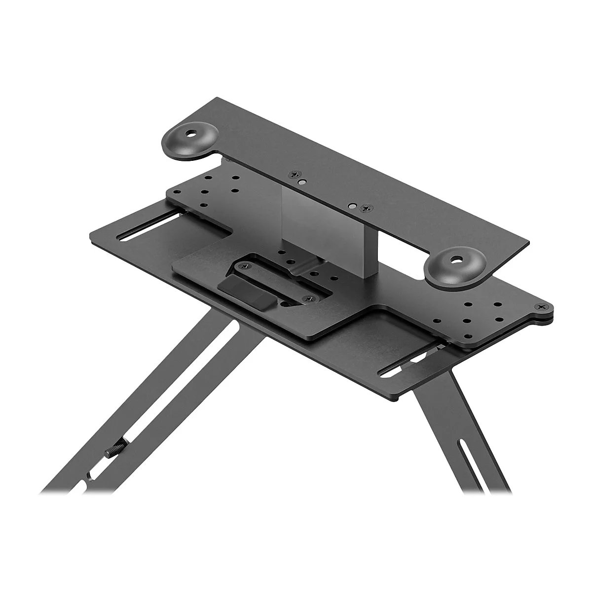 Schwarzer, geometrischer Metallrahmen. Aufgeschraubte Platten, zwei Standbeine mit einer Vertiefung.