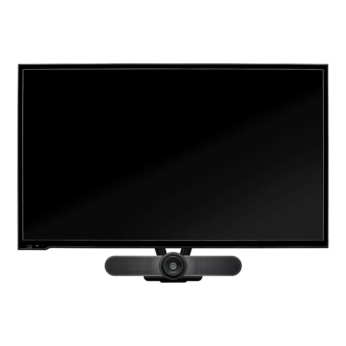 Ein schwarzer Flachbildschirm-Monitor mit einer integrierten Videokonferenz-Kamera darunter, die das Logitech-Logo trägt.