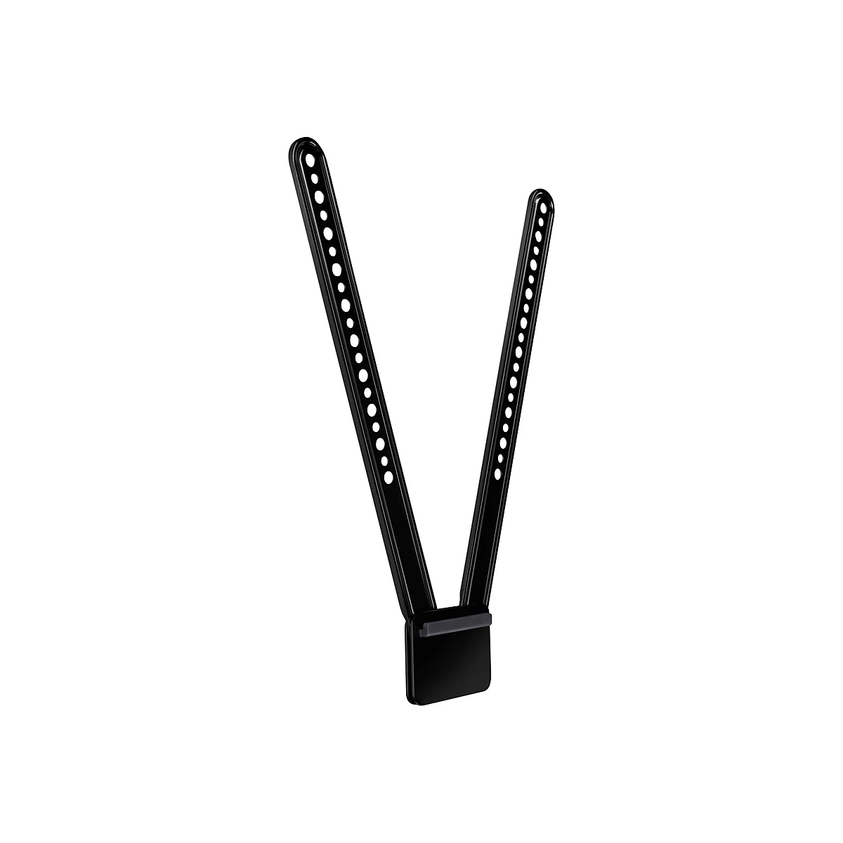 Schwarze TV-Halterung, V-förmig, mit Löchern in den Armen und einem rechteckigen Verbindungsteil.