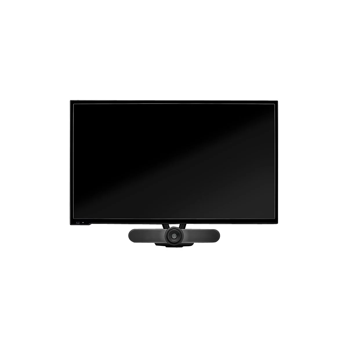 Ein schwarzer Flachbildfernseher mit einer darunter befestigten Webcam-Leiste. Der Bildschirm ist aus.