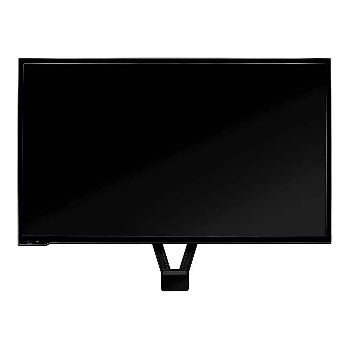 Ein schwarzer Monitor, der auf einem weißen Hintergrund steht. Der Bildschirm ist ausgeschaltet. Der Monitor hat einen schwarzen Rahmen und einen Standfuß.