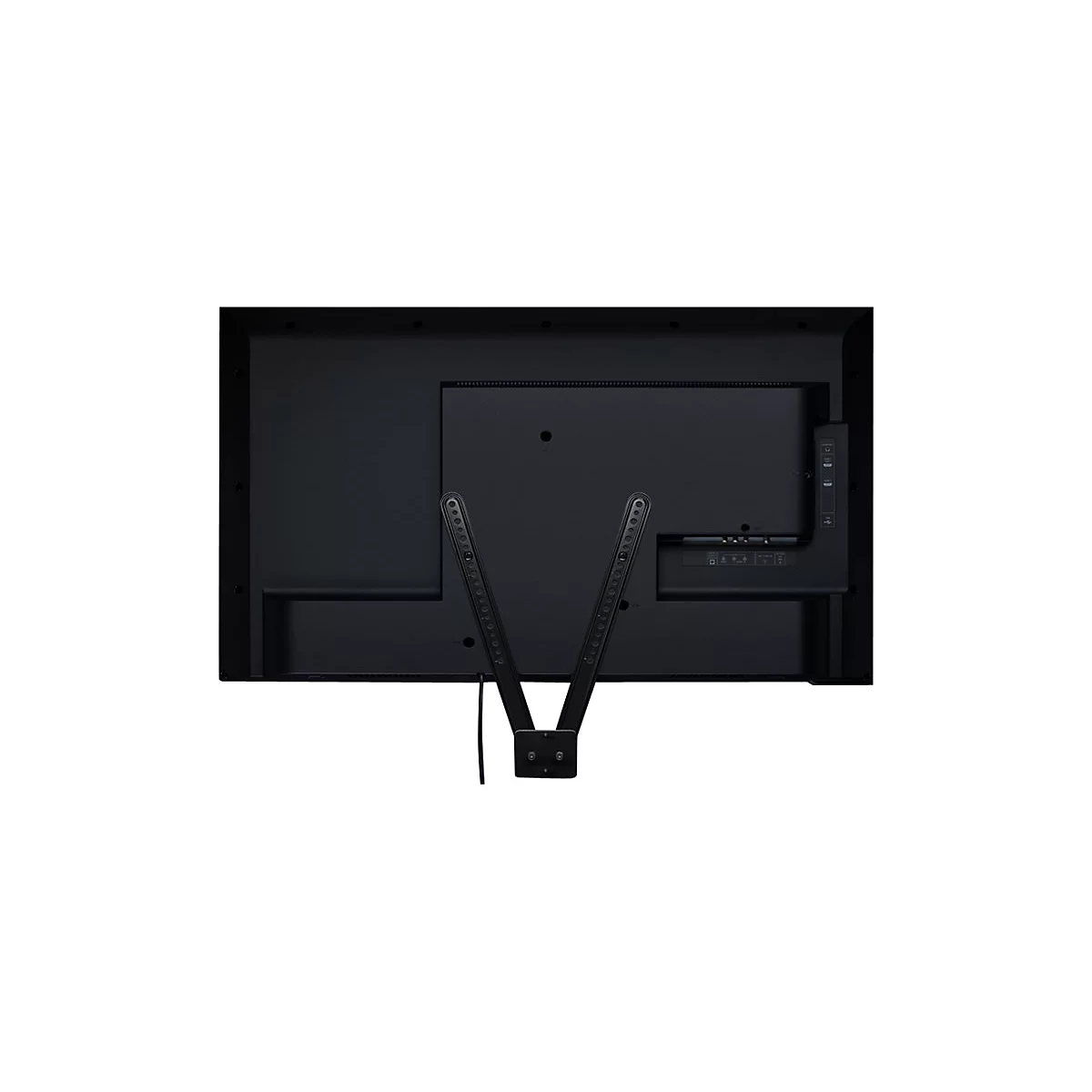 Rückseite eines schwarzen Fernsehers mit Halterung. Kabel und Anschlüsse sind sichtbar.