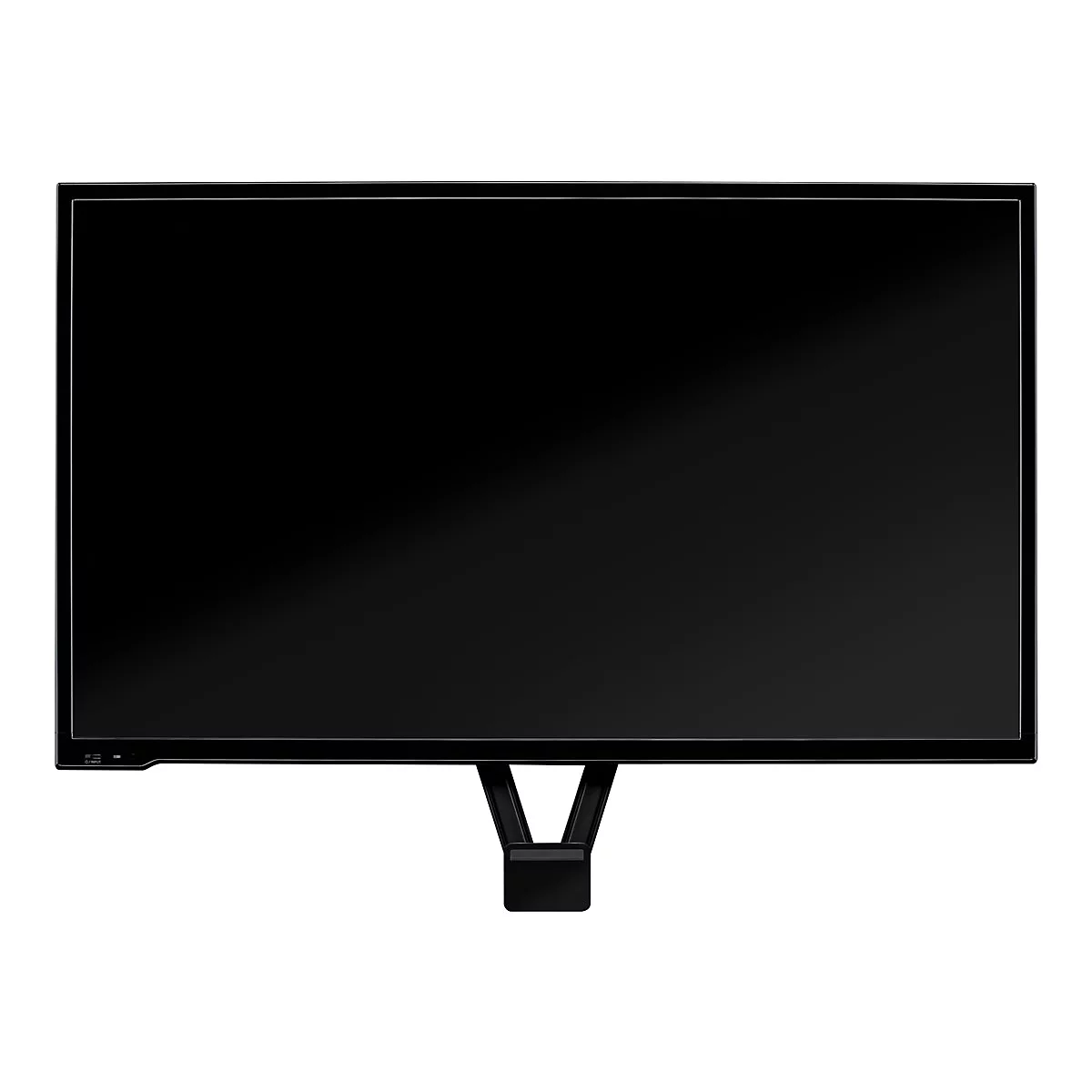 Schwarzer Monitor mit schmalem Rahmen. Der Monitor ist an einem schwarzen, V-fÃ¶rmigen StÃ¤nder befestigt. Der Hintergrund ist weiÃŸ.