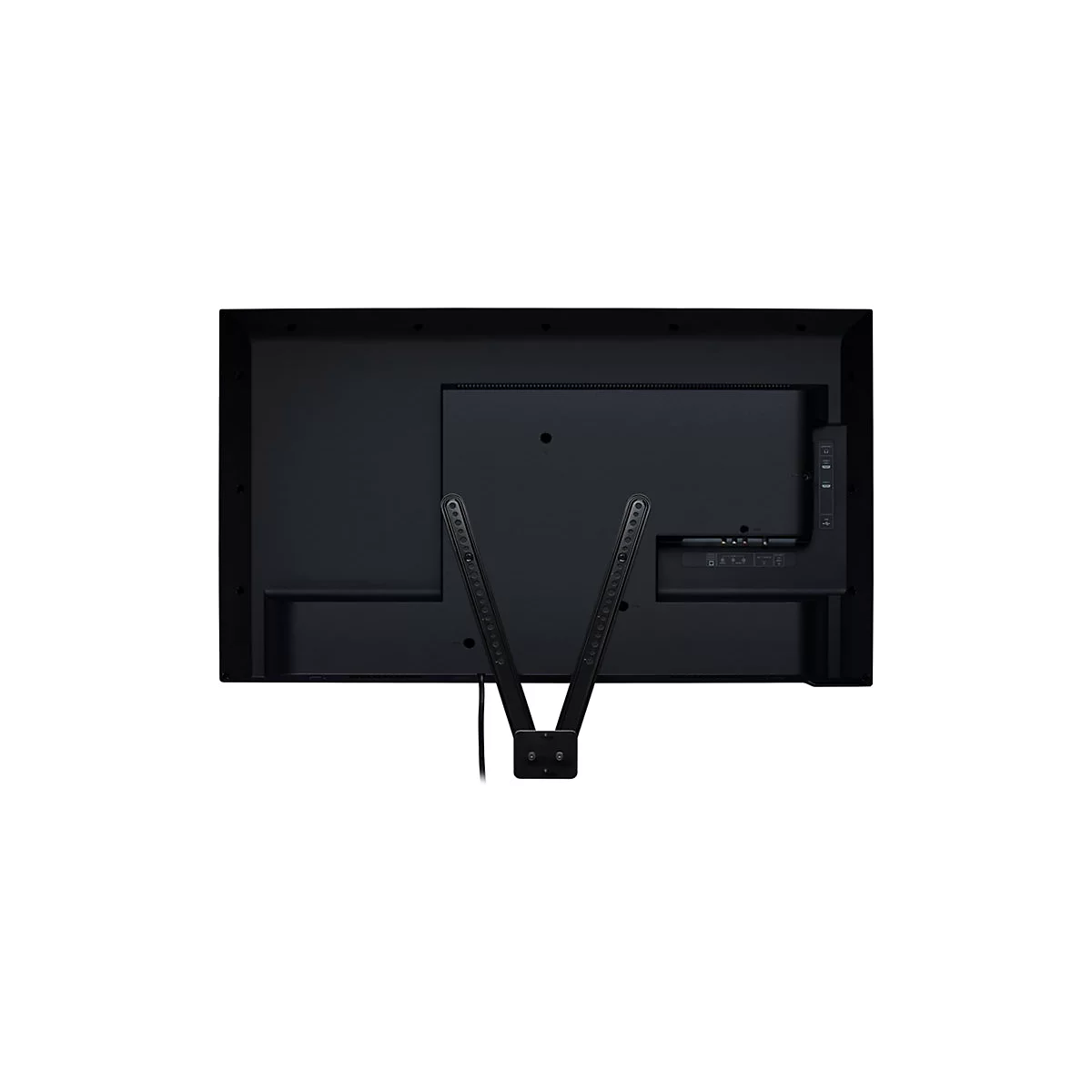 Rückseite eines schwarzen Fernsehers mit Halterung. Kabelanschluss und Befestigungselemente sichtbar.