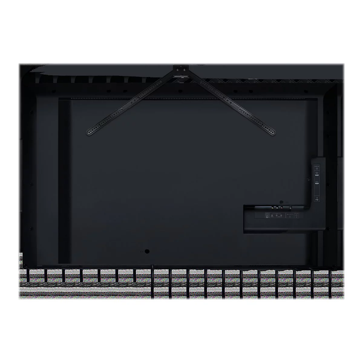 Rückseite eines schwarzen Fernsehers mit Halterungen. Der untere Teil zeigt einen Netzanschluss und andere Anschlüsse.
