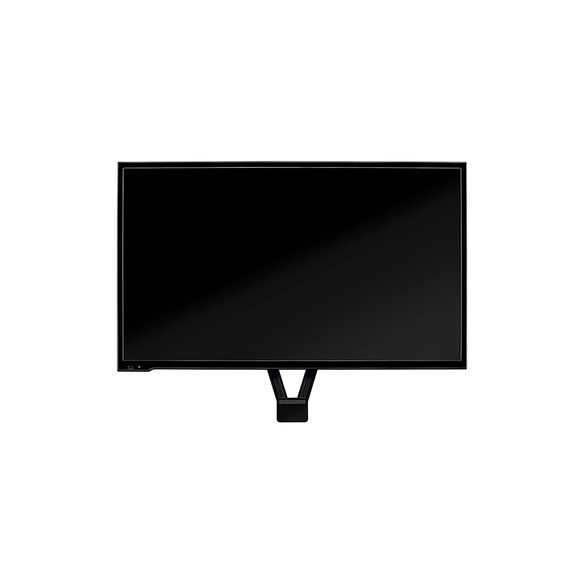 Ein schwarzer Flachbildschirm-Fernseher auf weißem Hintergrund. Der Standfuß ist V-förmig.