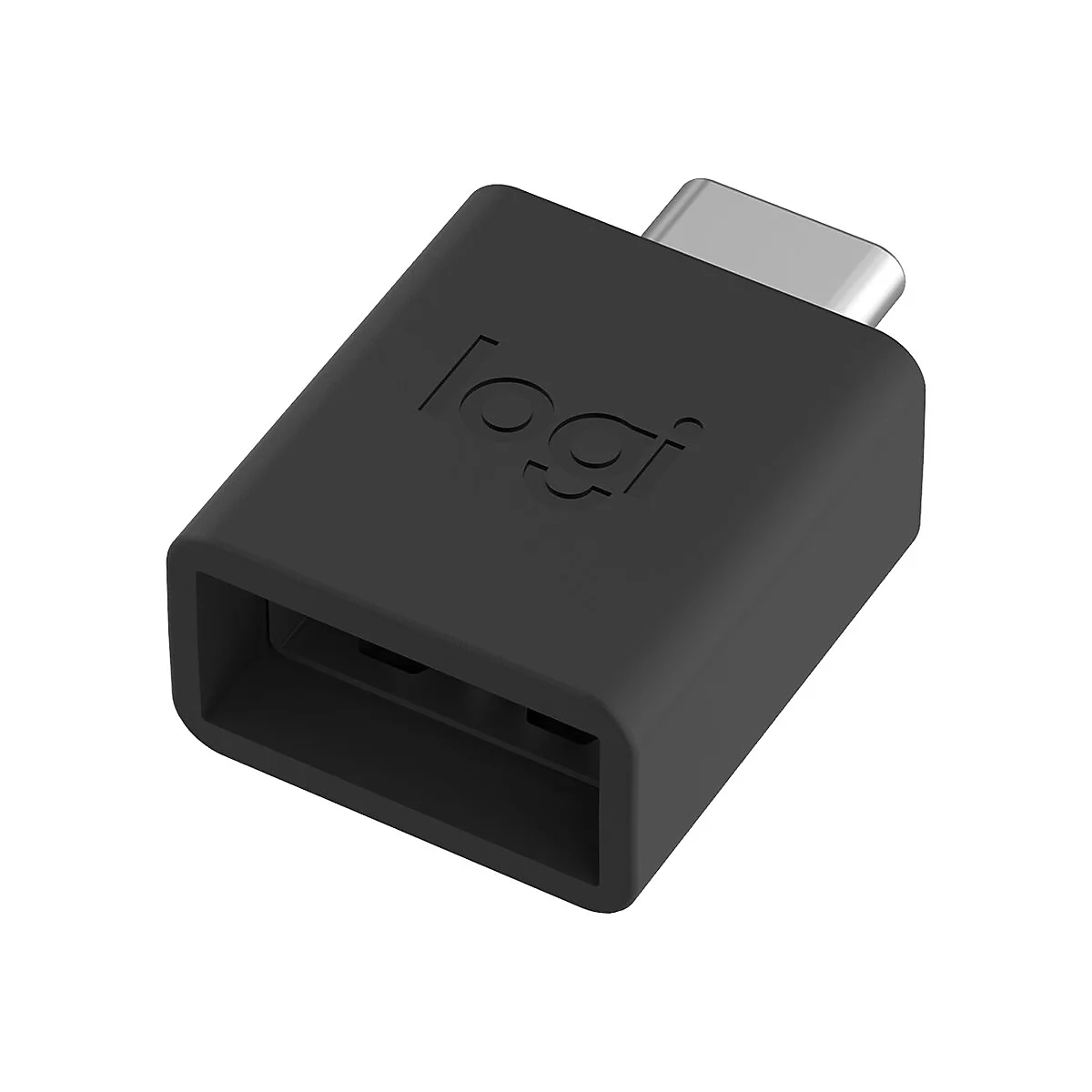 Adaptateur noir USB-C vers USB-A avec logo. Une prise USB-C dÃ©passe.