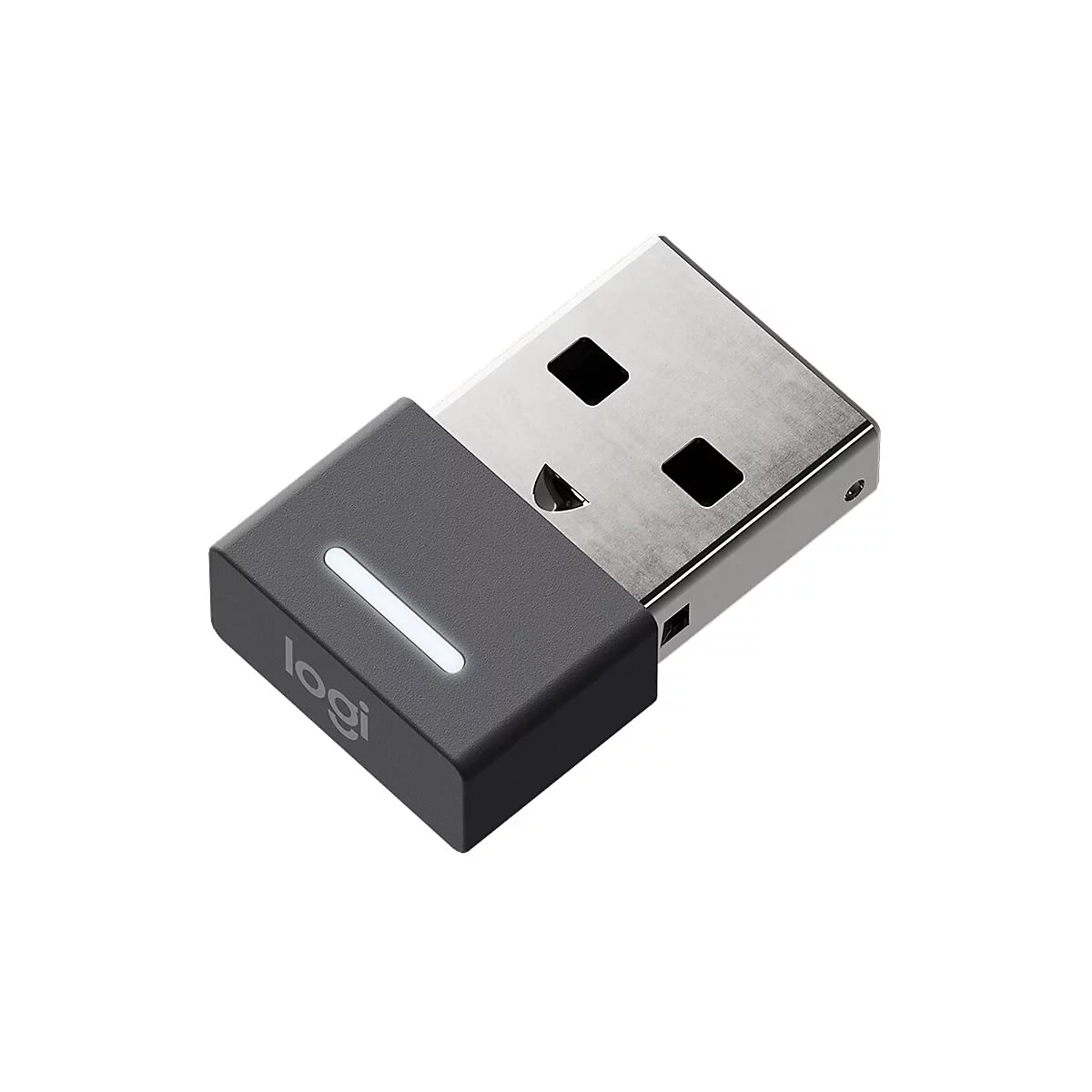 RÃ©cepteur USB sans fil avec le logo 'logi' et une bande lumineuse blanche.