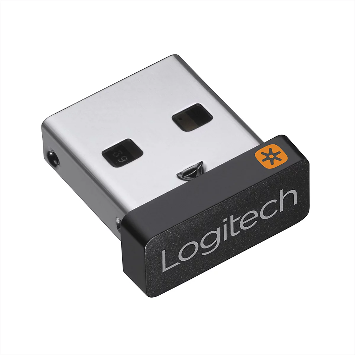 Drahtloser USB-Empfänger von Logitech, metallfarben und schwarz, mit Logo.