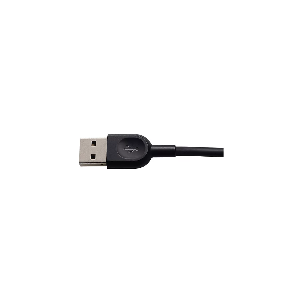 Nahaufnahme eines schwarzen USB-Kabels mit USB-Symbol. Der Stecker ist silbern, das Kabel und das GehÃ¤use sind schwarz.