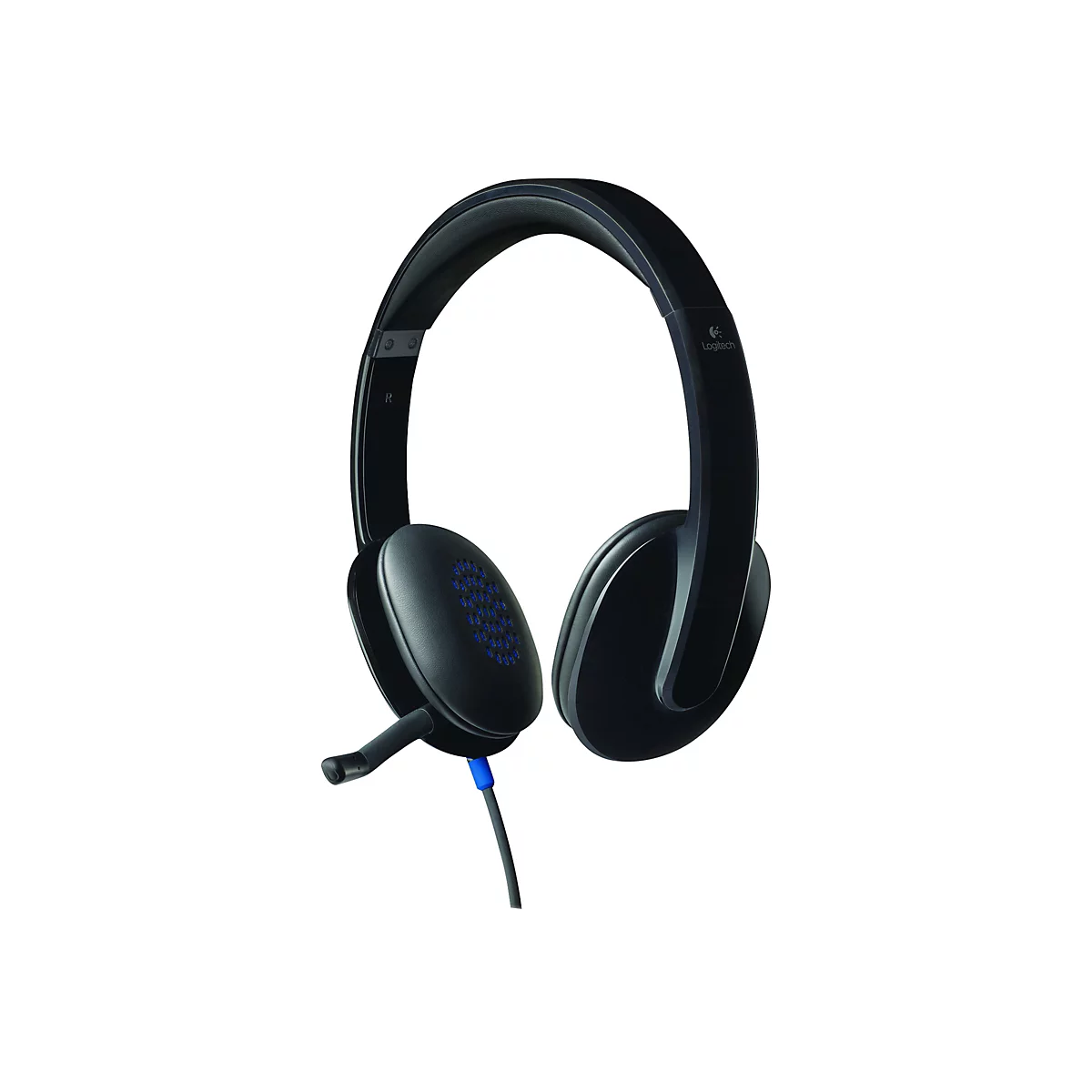 Schwarzes Logitech-Headset mit blauem Akzent. Ohrmuschel mit kleinen Löchern. Mikrofon, Kabel.